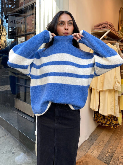 Carleen Mock Neck Sweater in Campanula White Stripe