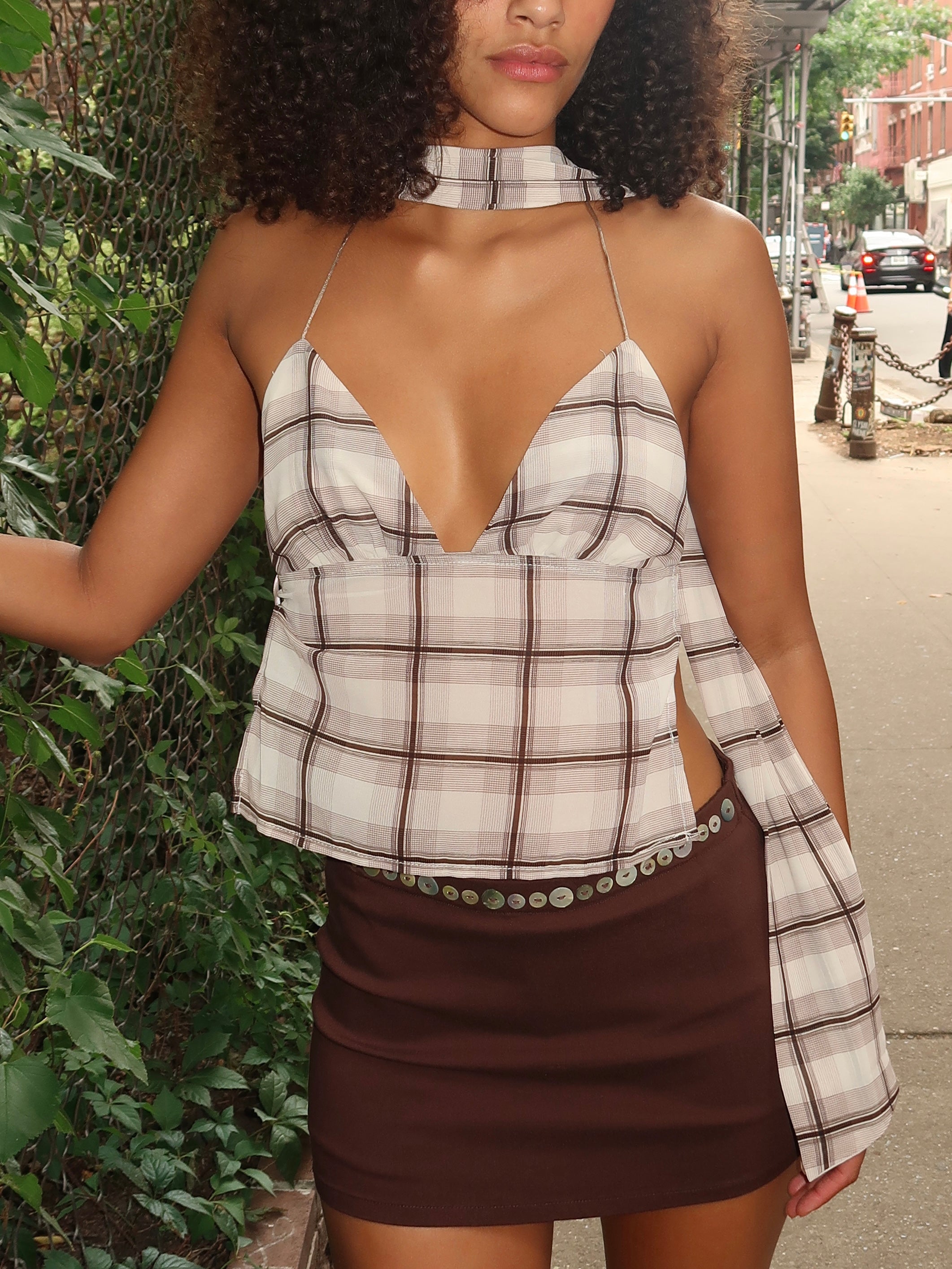 Donatella Scarf Top in Brown Plaid