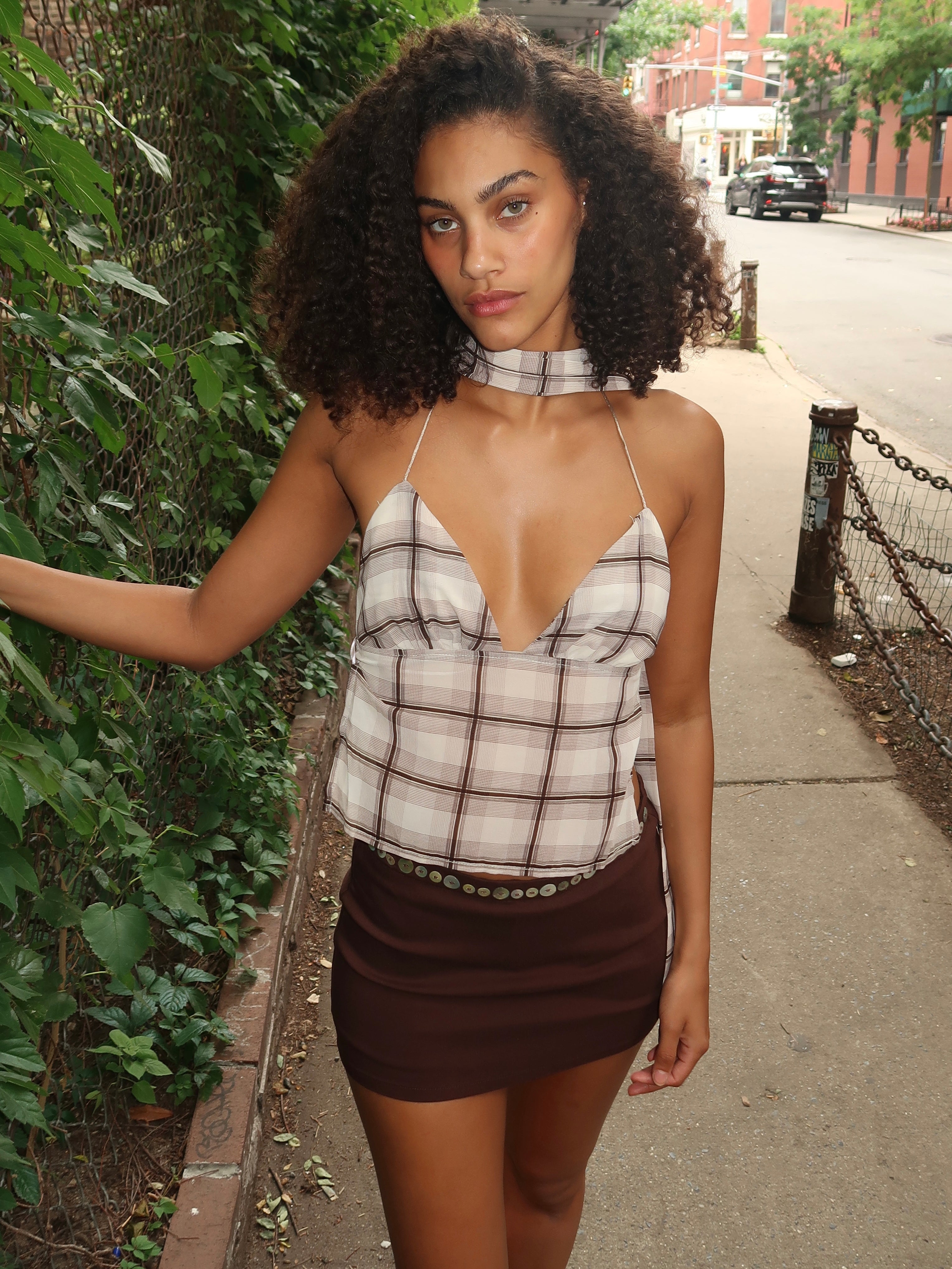 Donatella Scarf Top in Brown Plaid