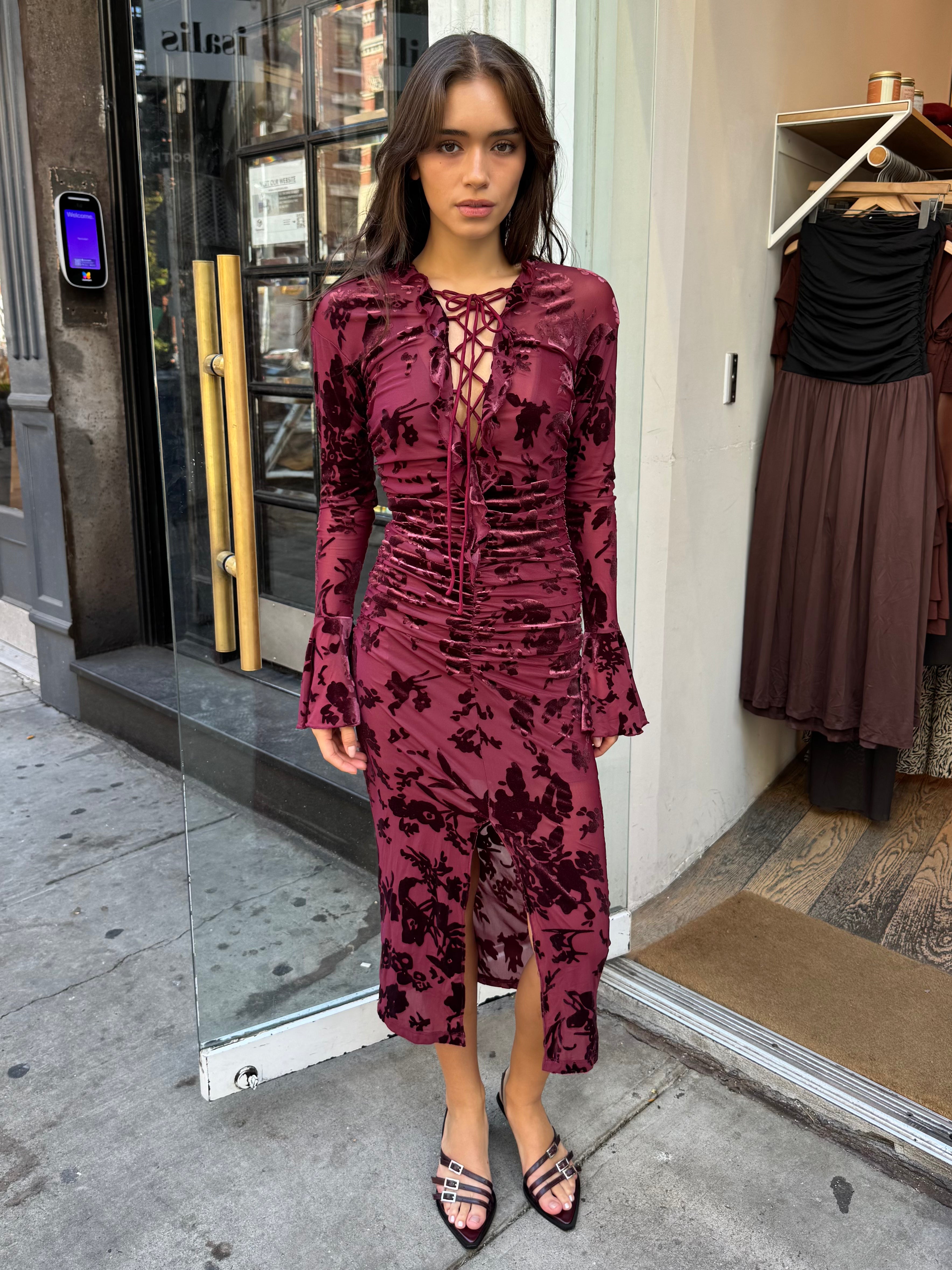 Flock Mesh Dress in Burgundy
