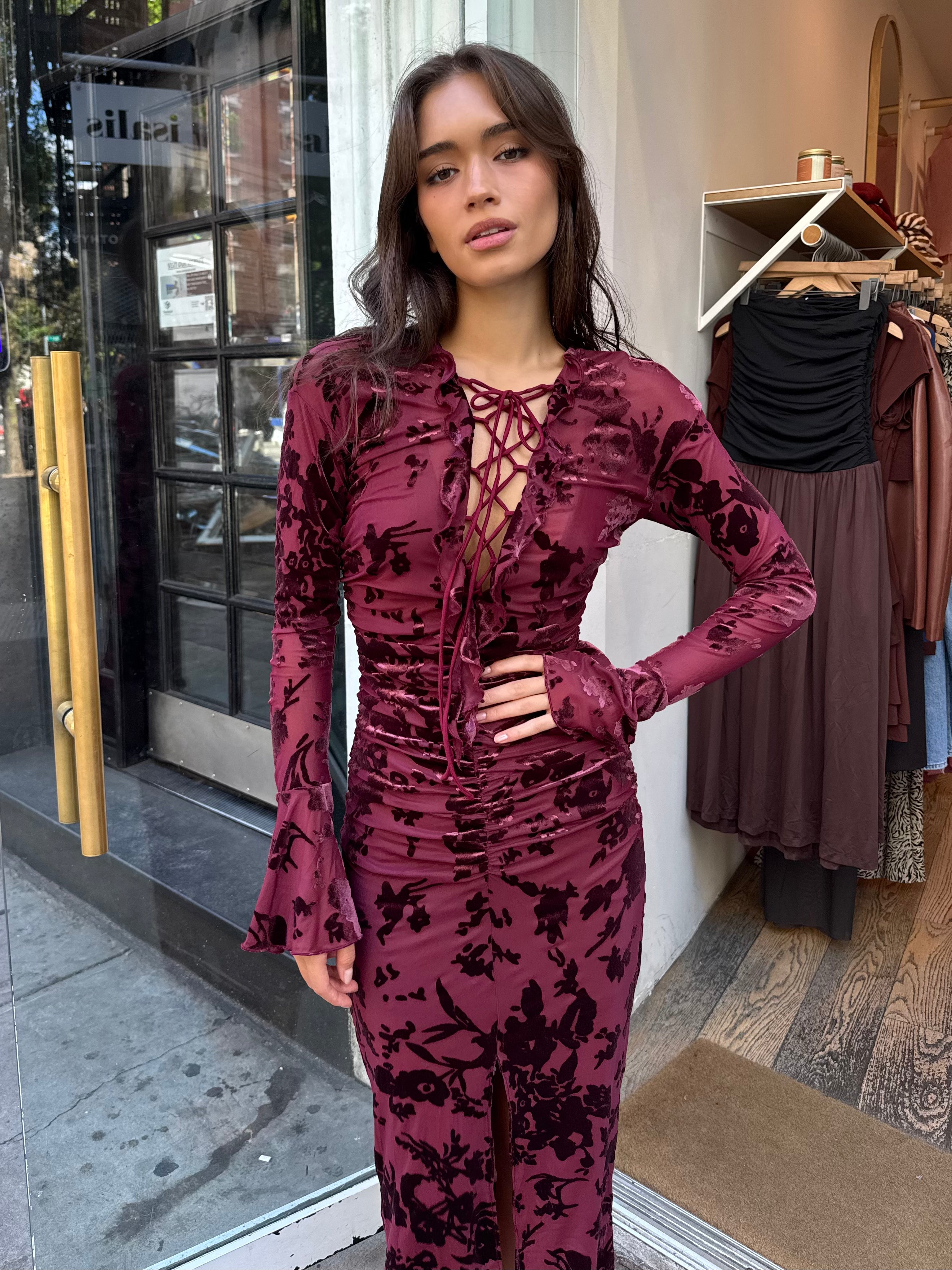 Flock Mesh Dress in Burgundy
