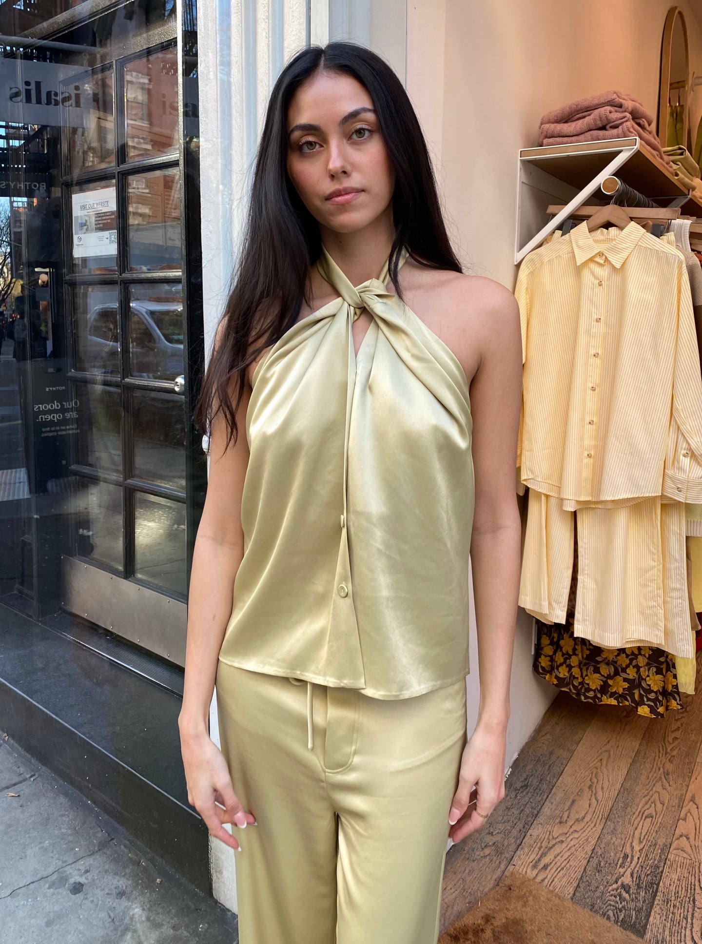 Neline Satin Shirt in Lime Yellow