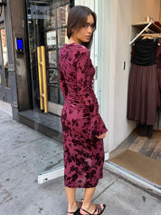 Flock Mesh Dress in Burgundy