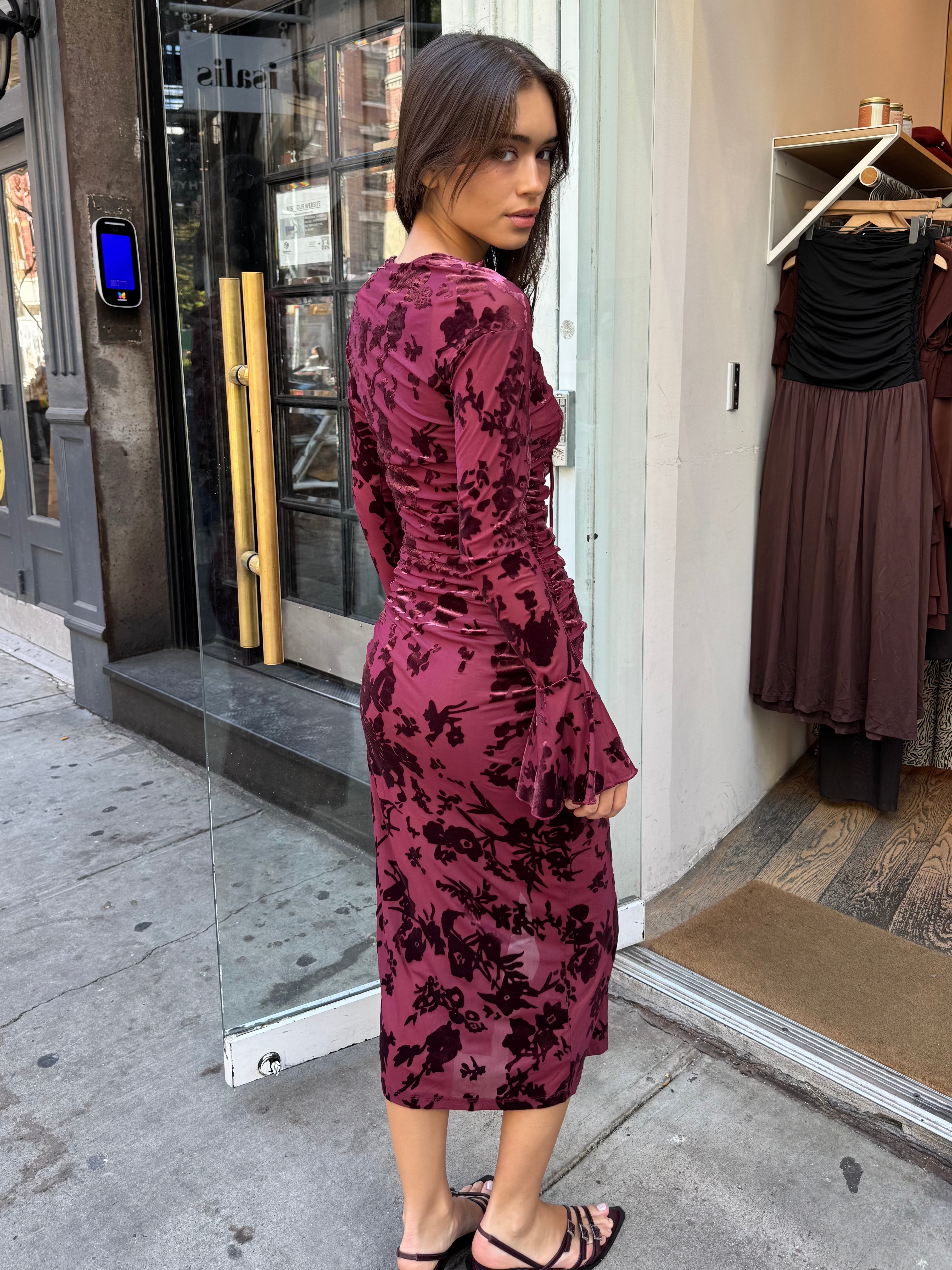 Flock Mesh Dress in Burgundy