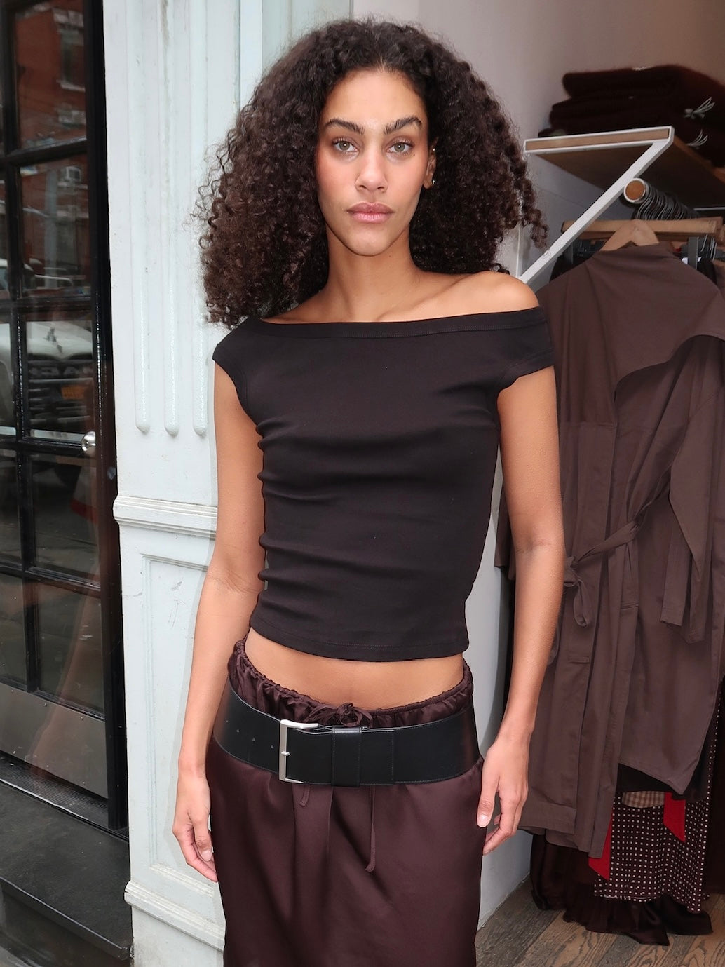 Organic Cotton Off Shoulder Top in Jet Black