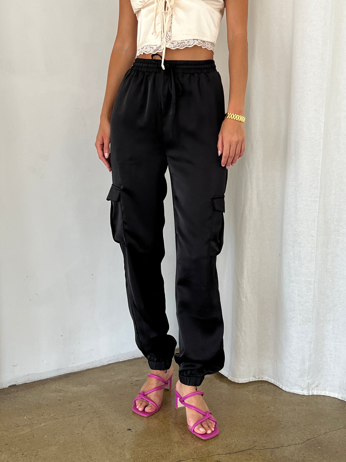 Stormi Satin Cargos in Black
