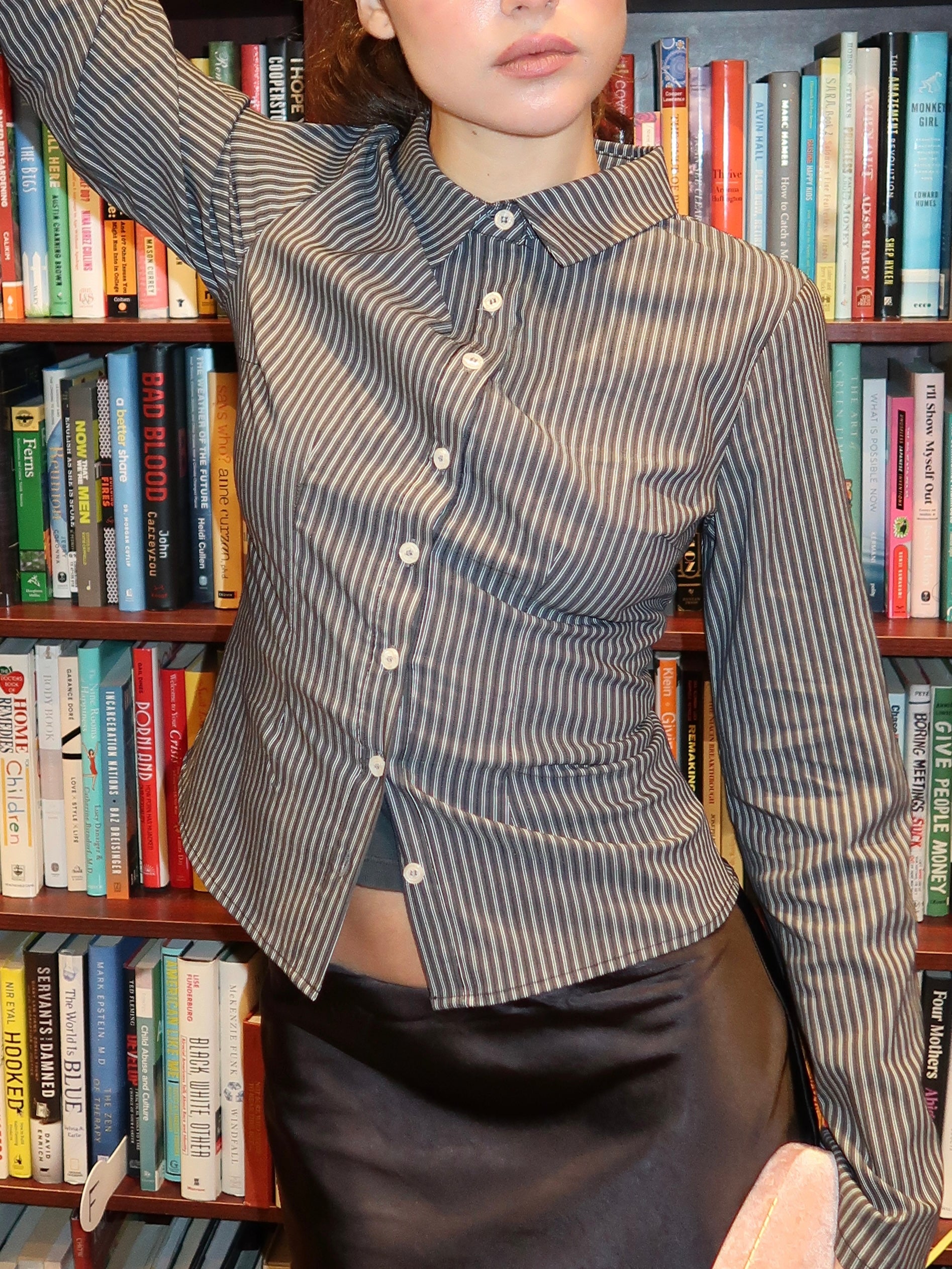 Tova Button Up Top in Grey Pinstripe