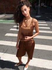 Serena Silky Satin Shorts in Brown