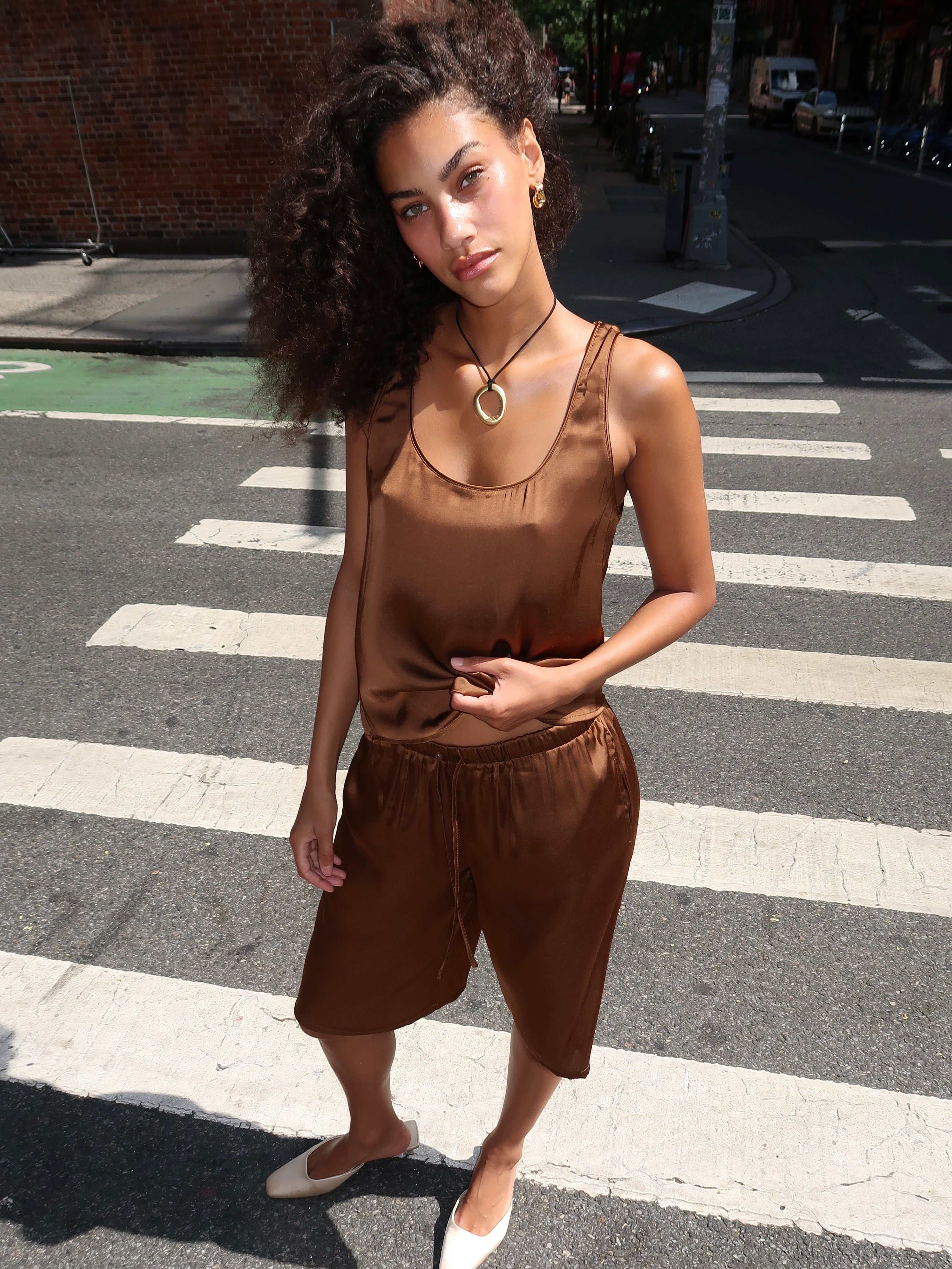 Serena Silky Satin Shorts in Brown