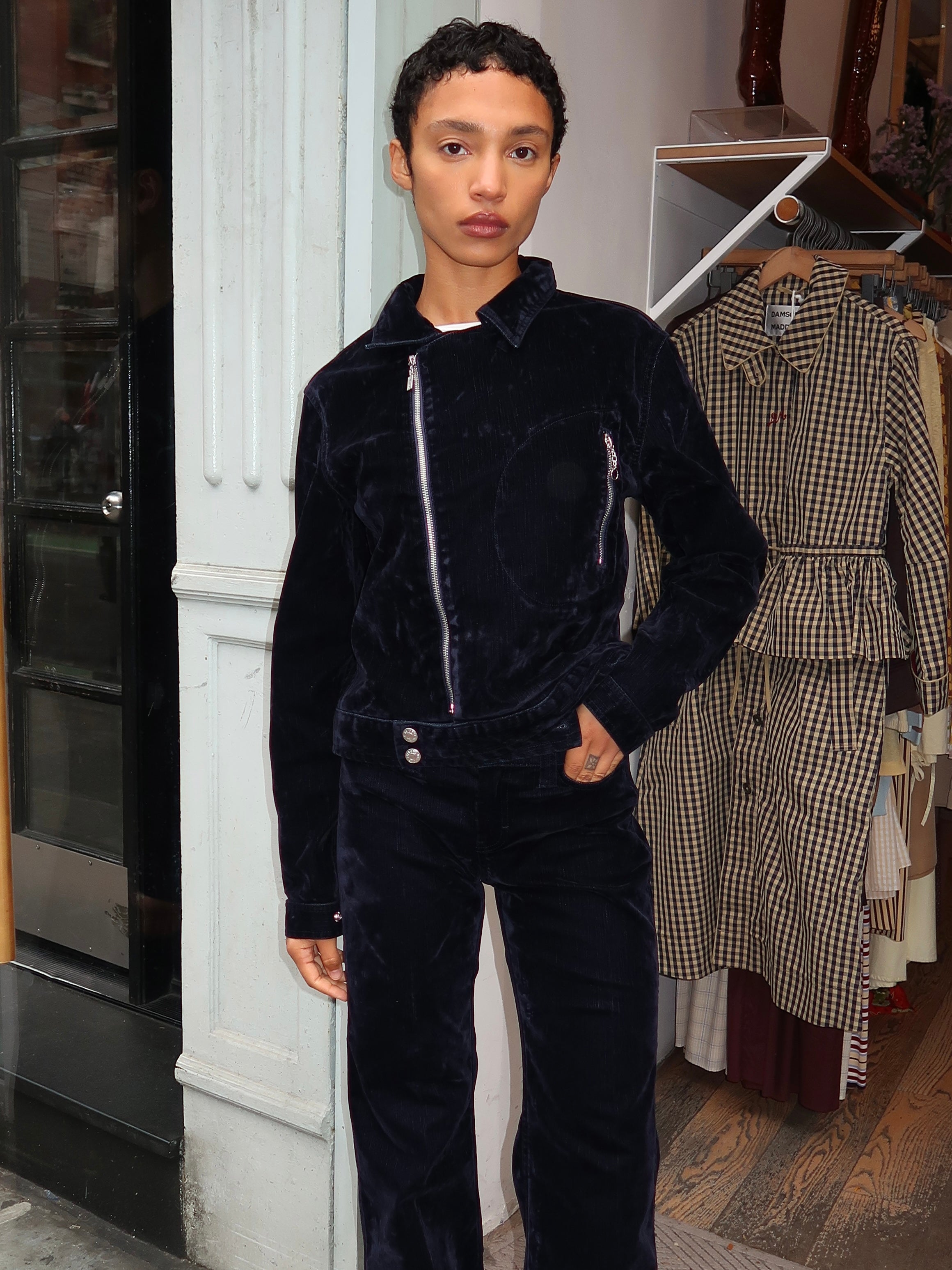 Moss Biker Jacket in Navy Flocked