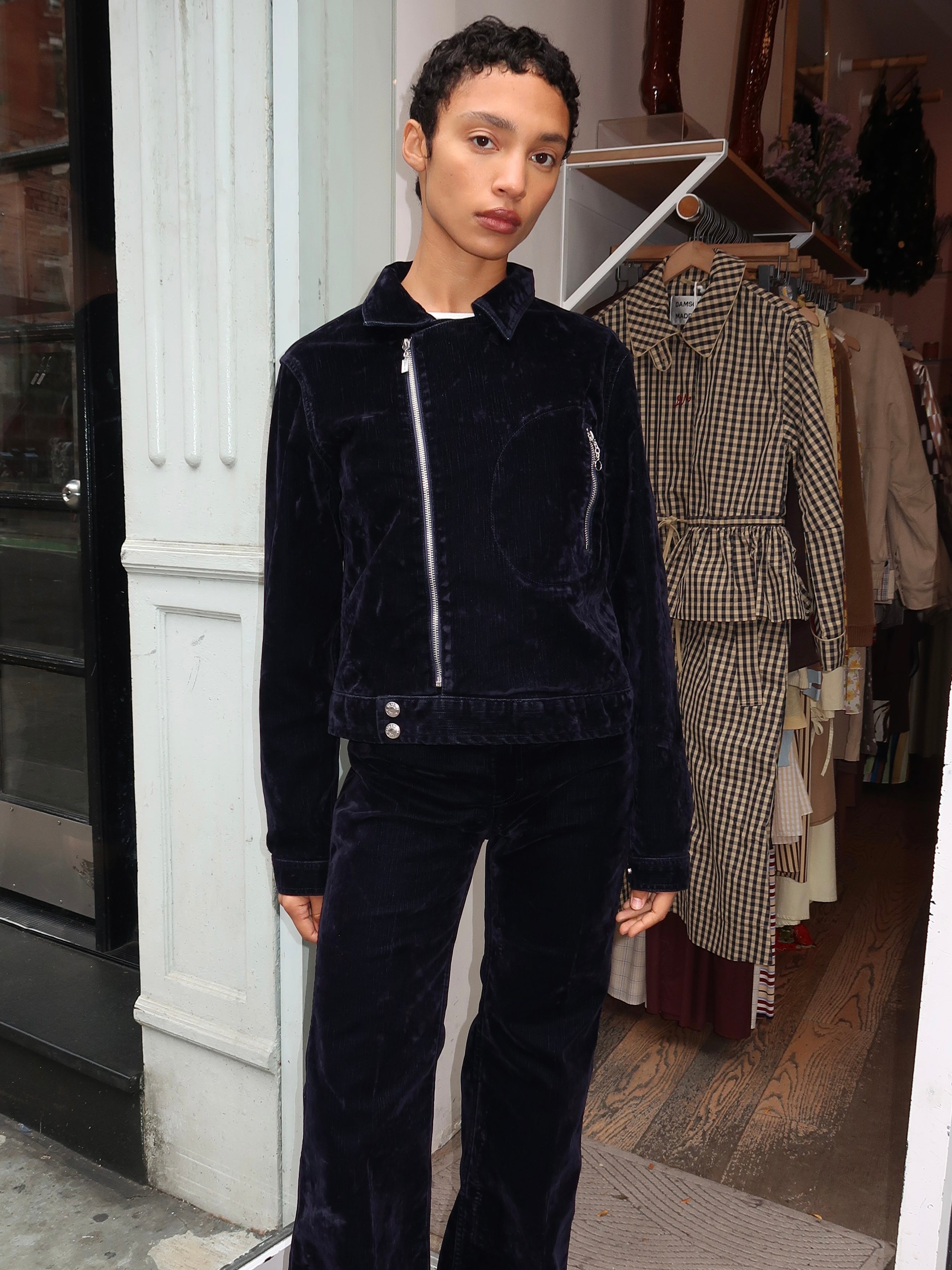 Moss Biker Jacket in Navy Flocked