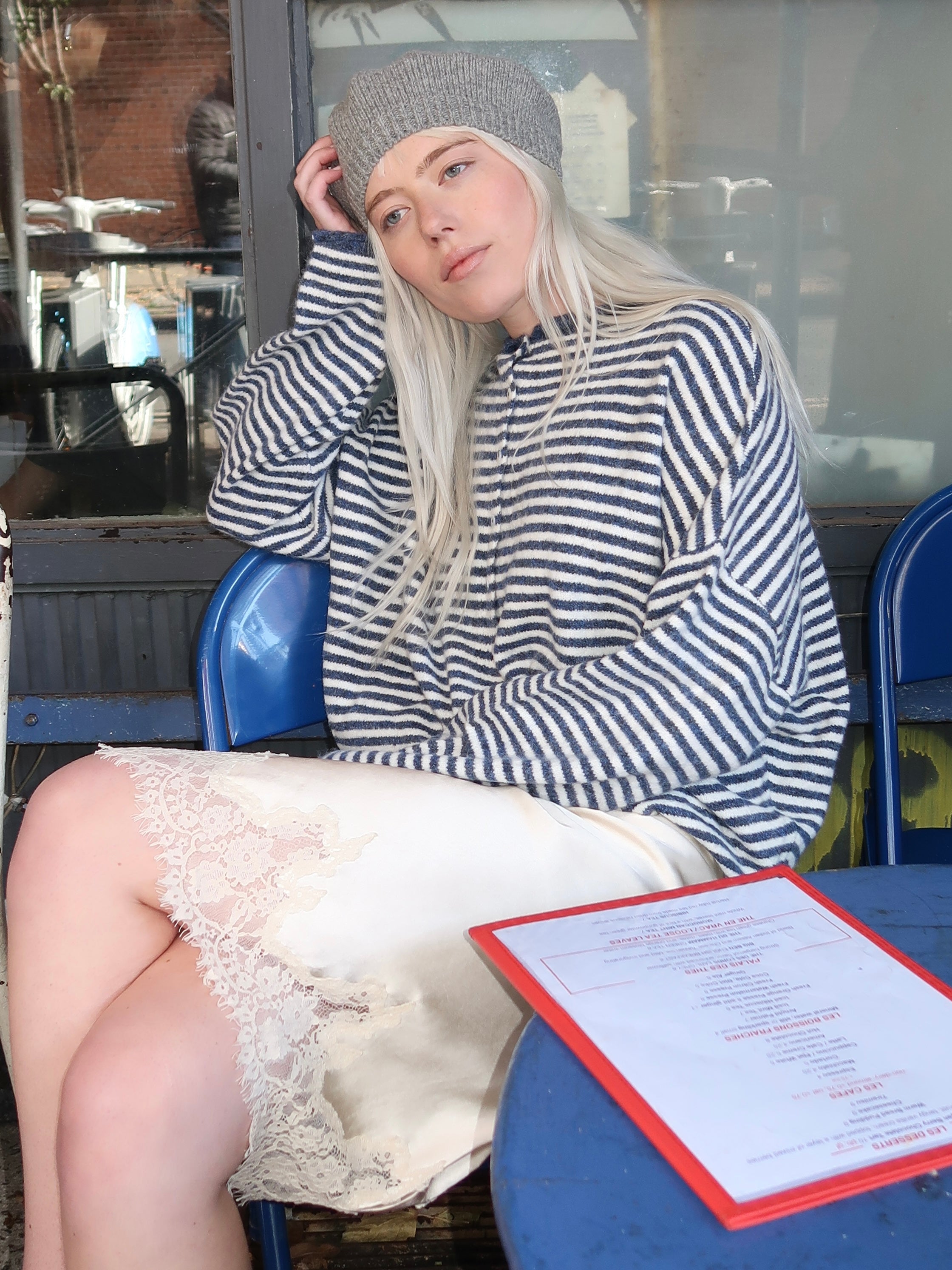 Pisces Button Down Cardigan in Blue & Ivory Stripe