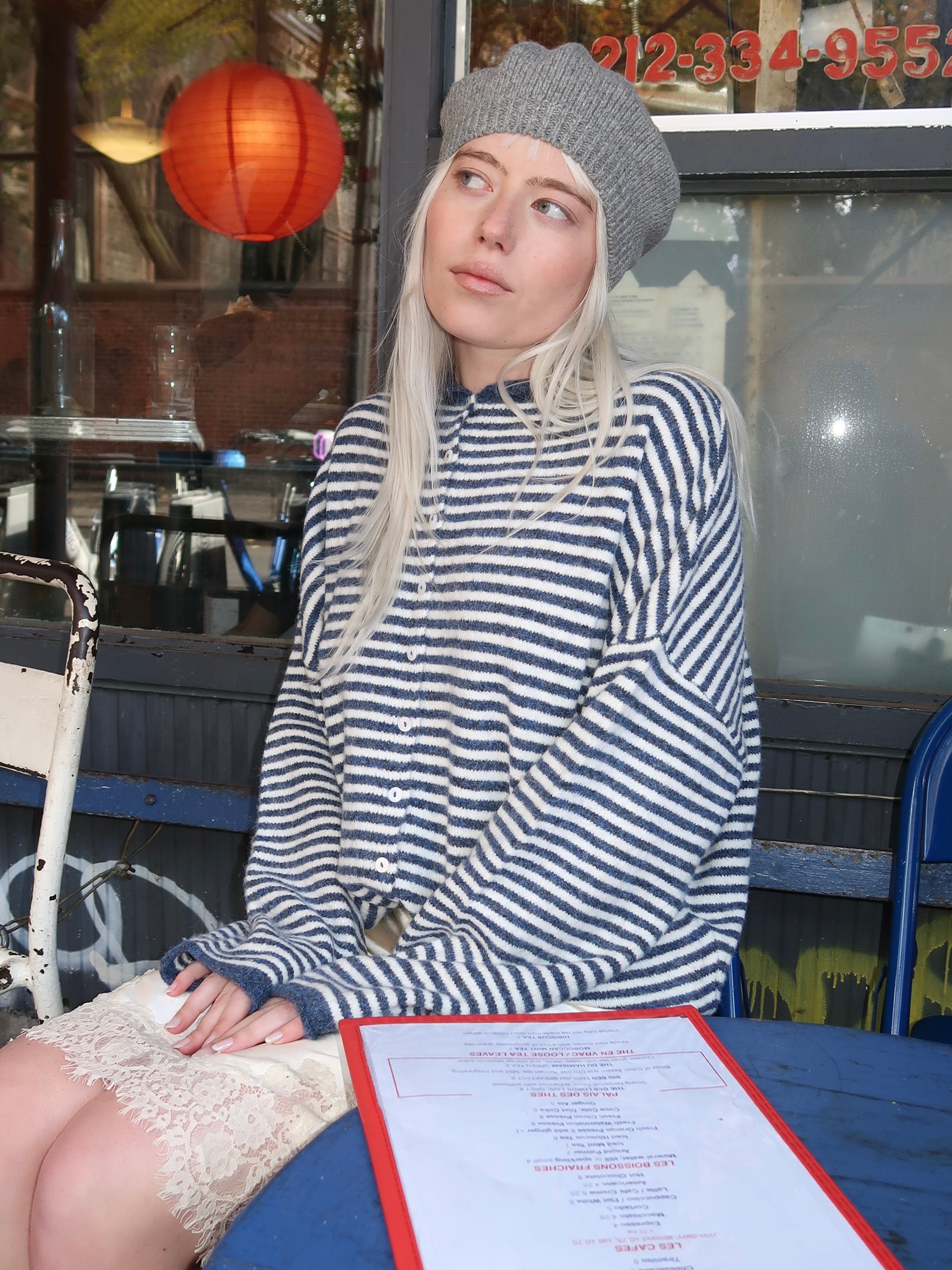 Pisces Button Down Cardigan in Blue & Ivory Stripe