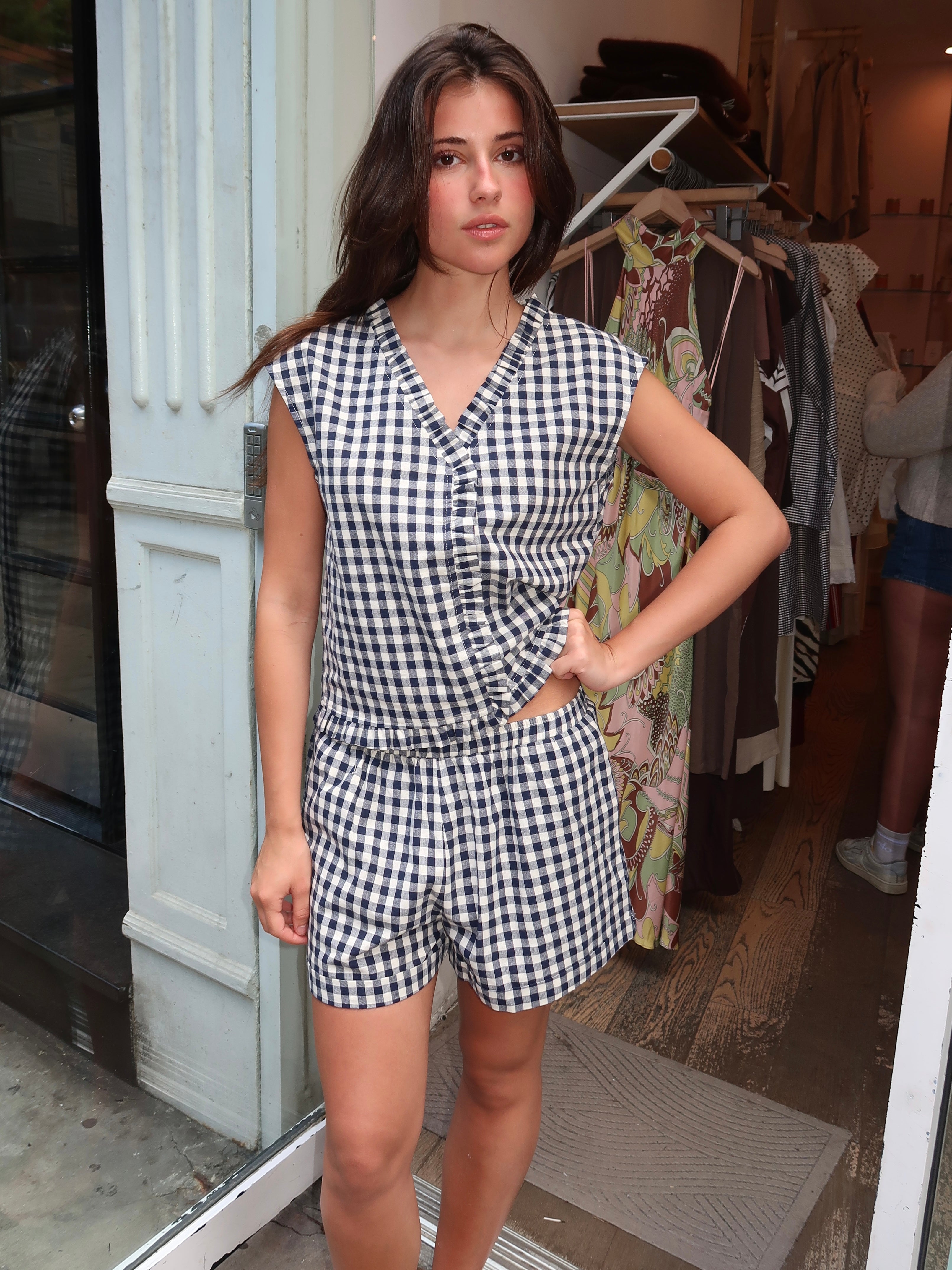 Flores Vest & Short Set in Check Navy