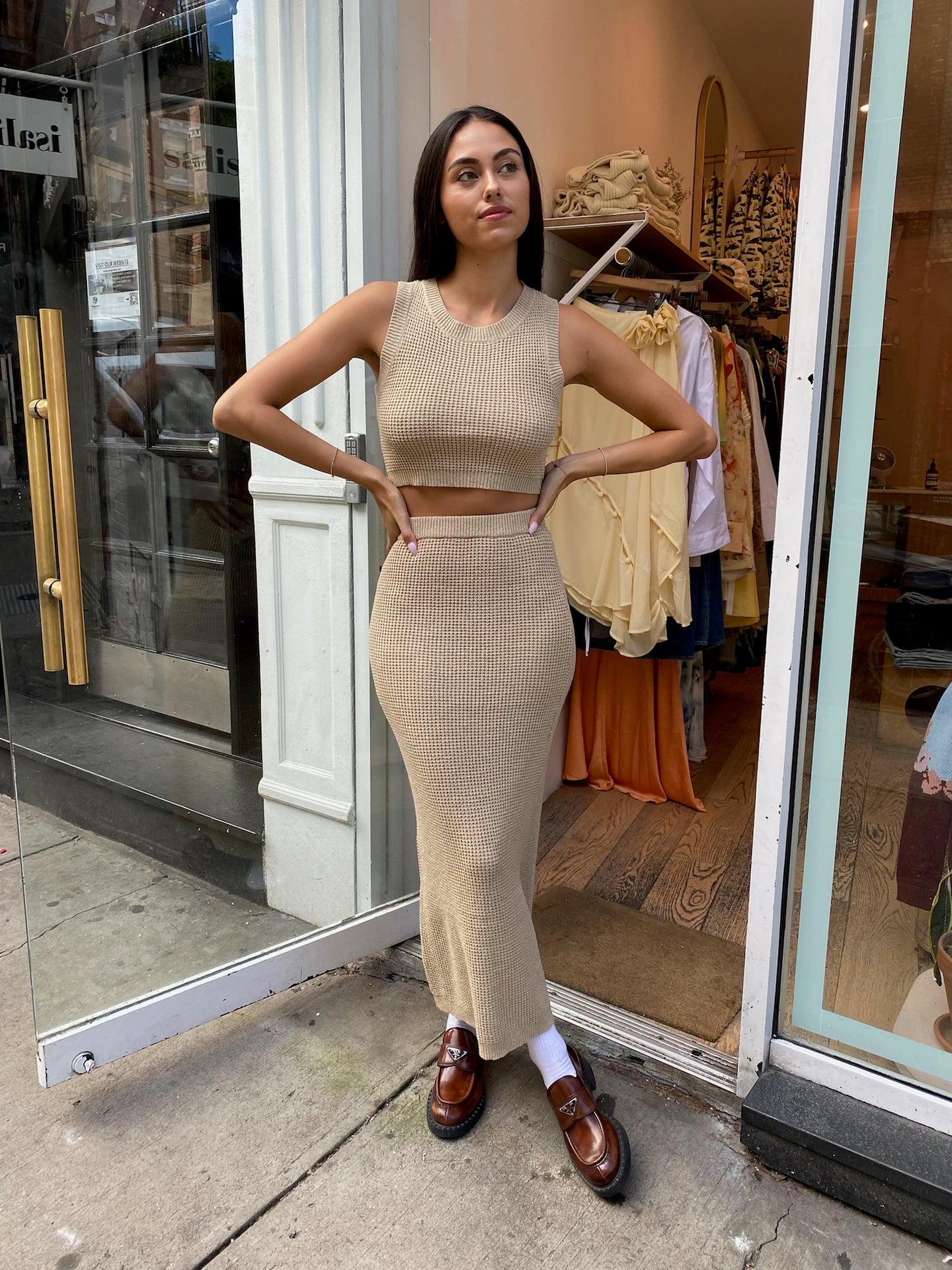 Kora Knit Top & Skirt Set in Tan
