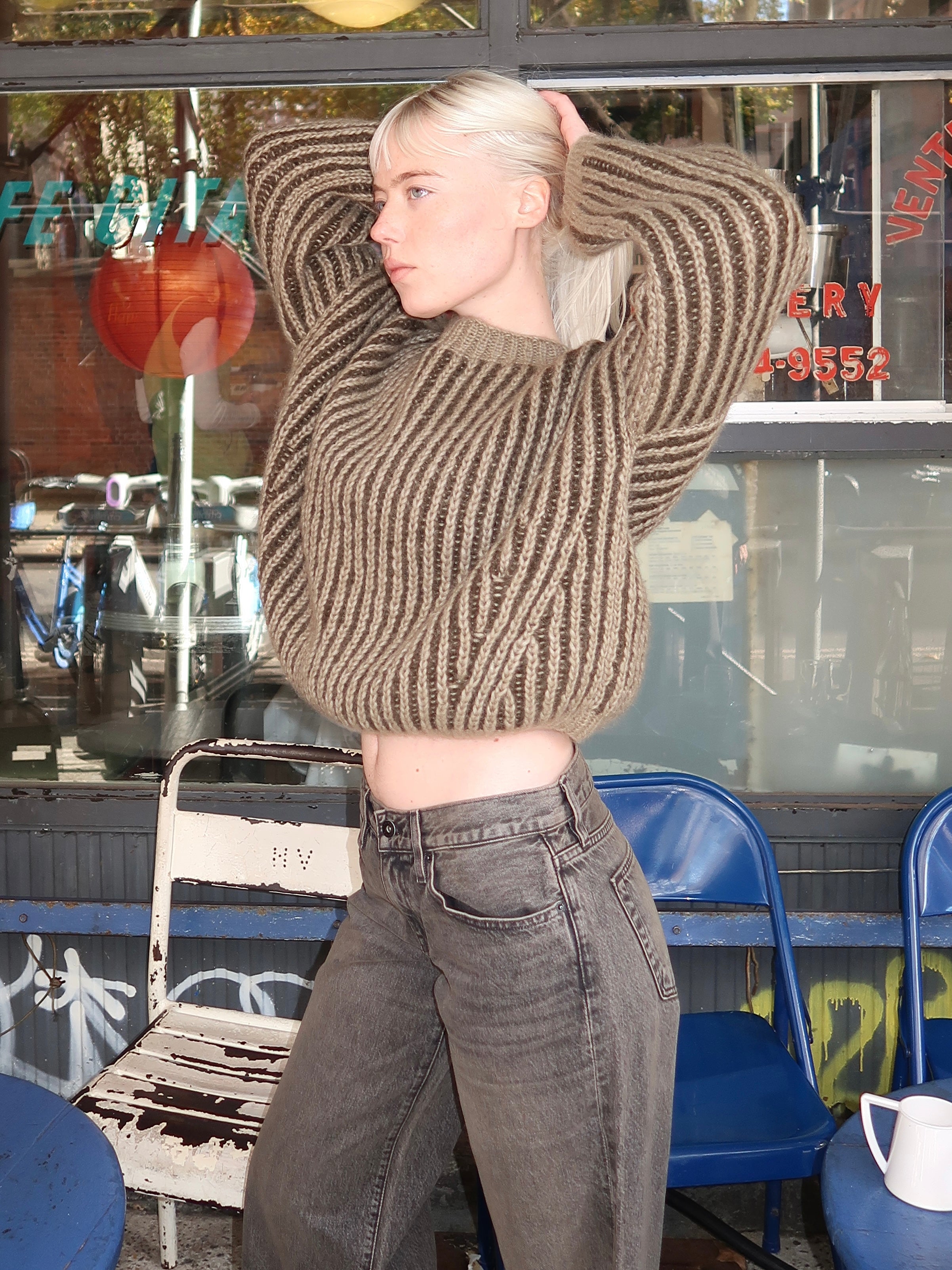 Chunky Alpaca Two Tone Brioche Pullover in Olive