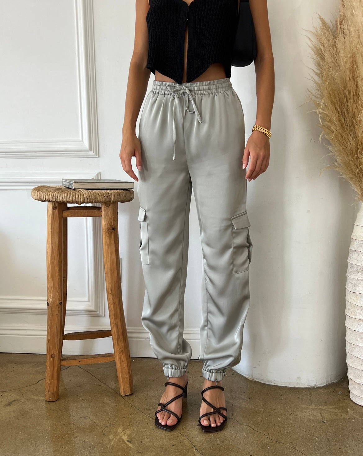 Stormi Satin Cargos in Silver