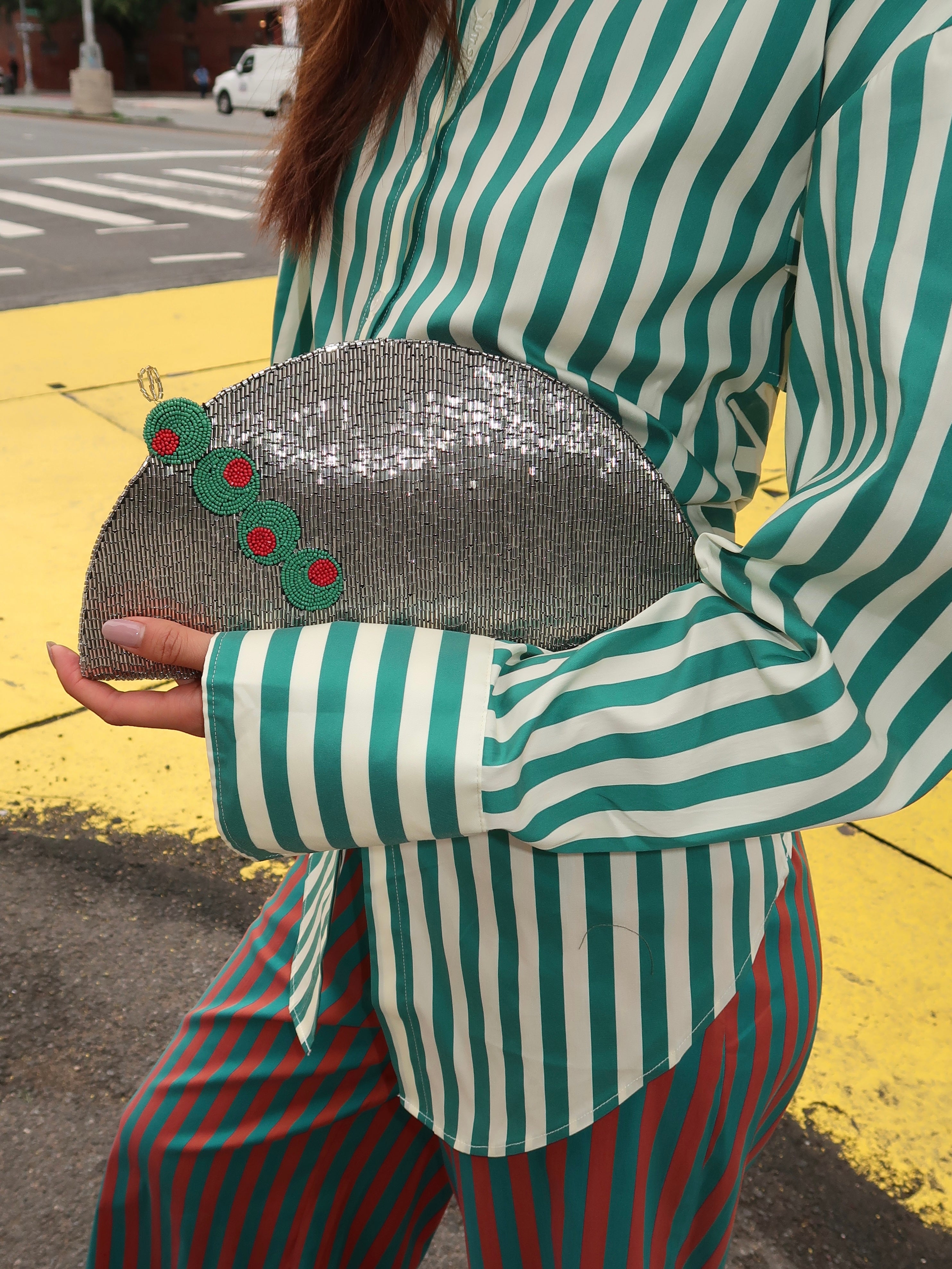 Beaded Lune Clutch in Silver/Olive Motif