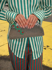 Beaded Lune Clutch in Silver/Olive Motif