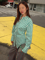 Loch Poplin Button Up in Teal/Cream Stripe