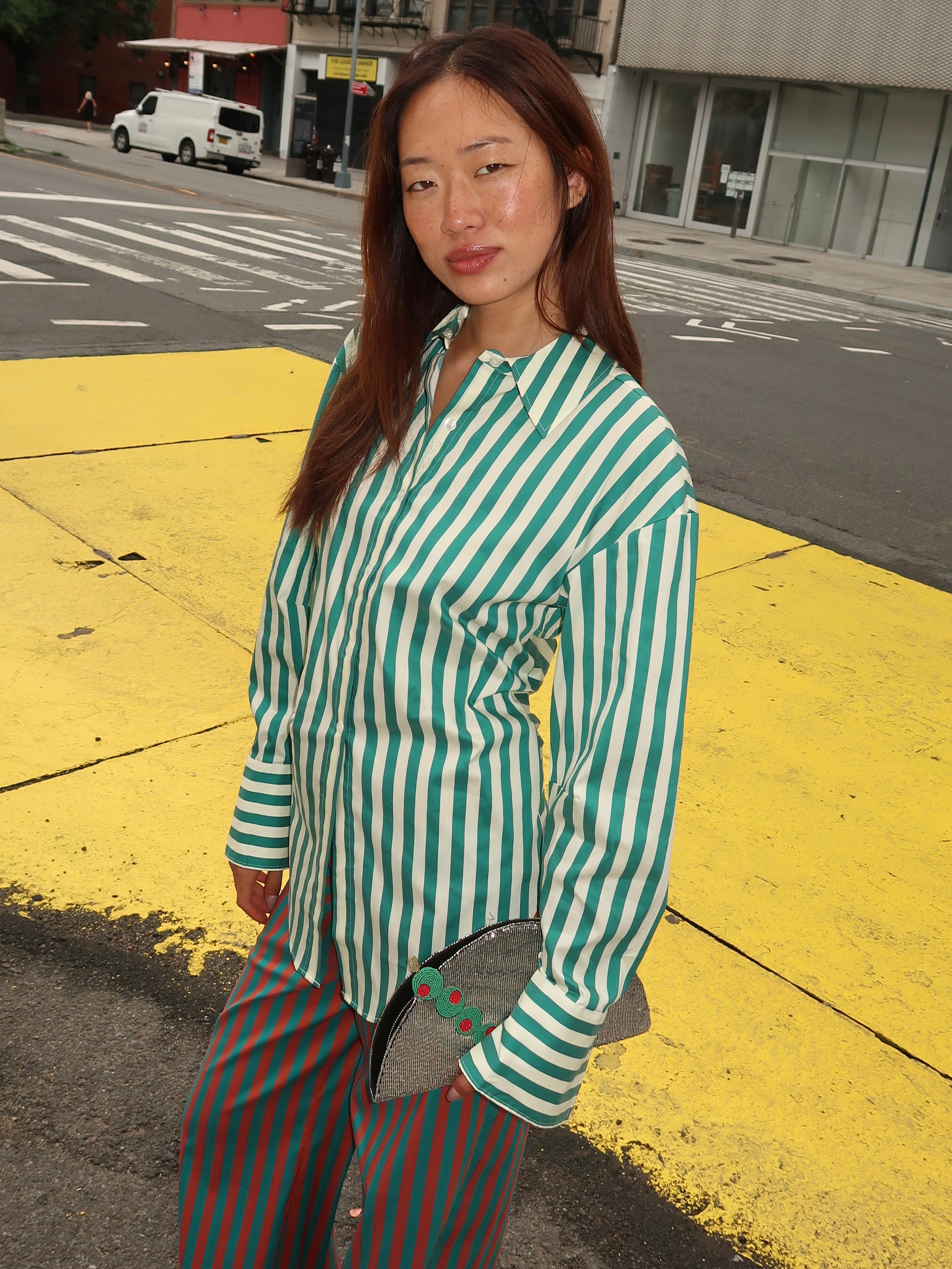 Loch Poplin Button Up in Teal/Cream Stripe