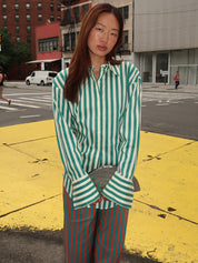 Loch Poplin Button Up in Teal/Cream Stripe