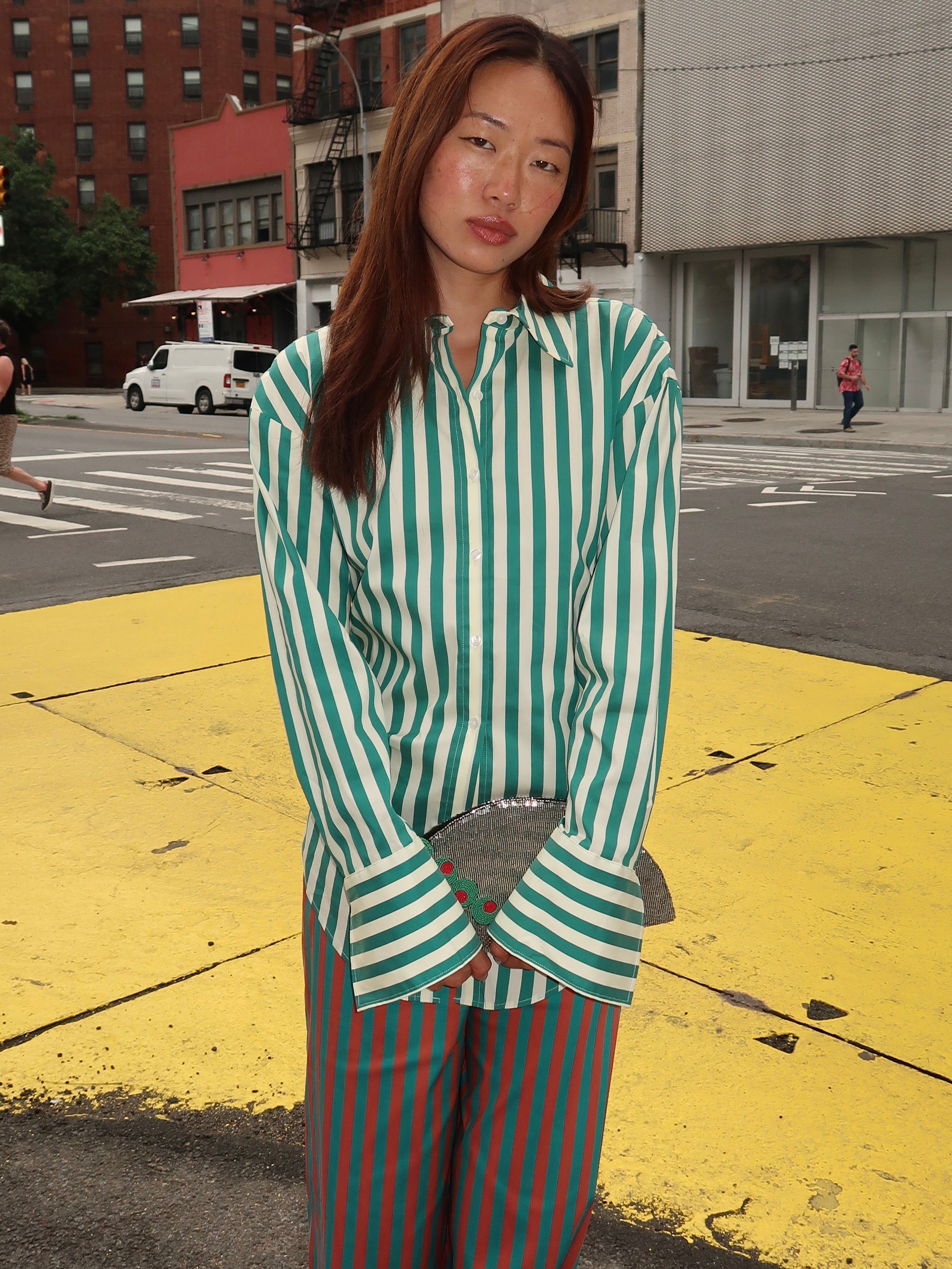 Loch Poplin Button Up in Teal/Cream Stripe
