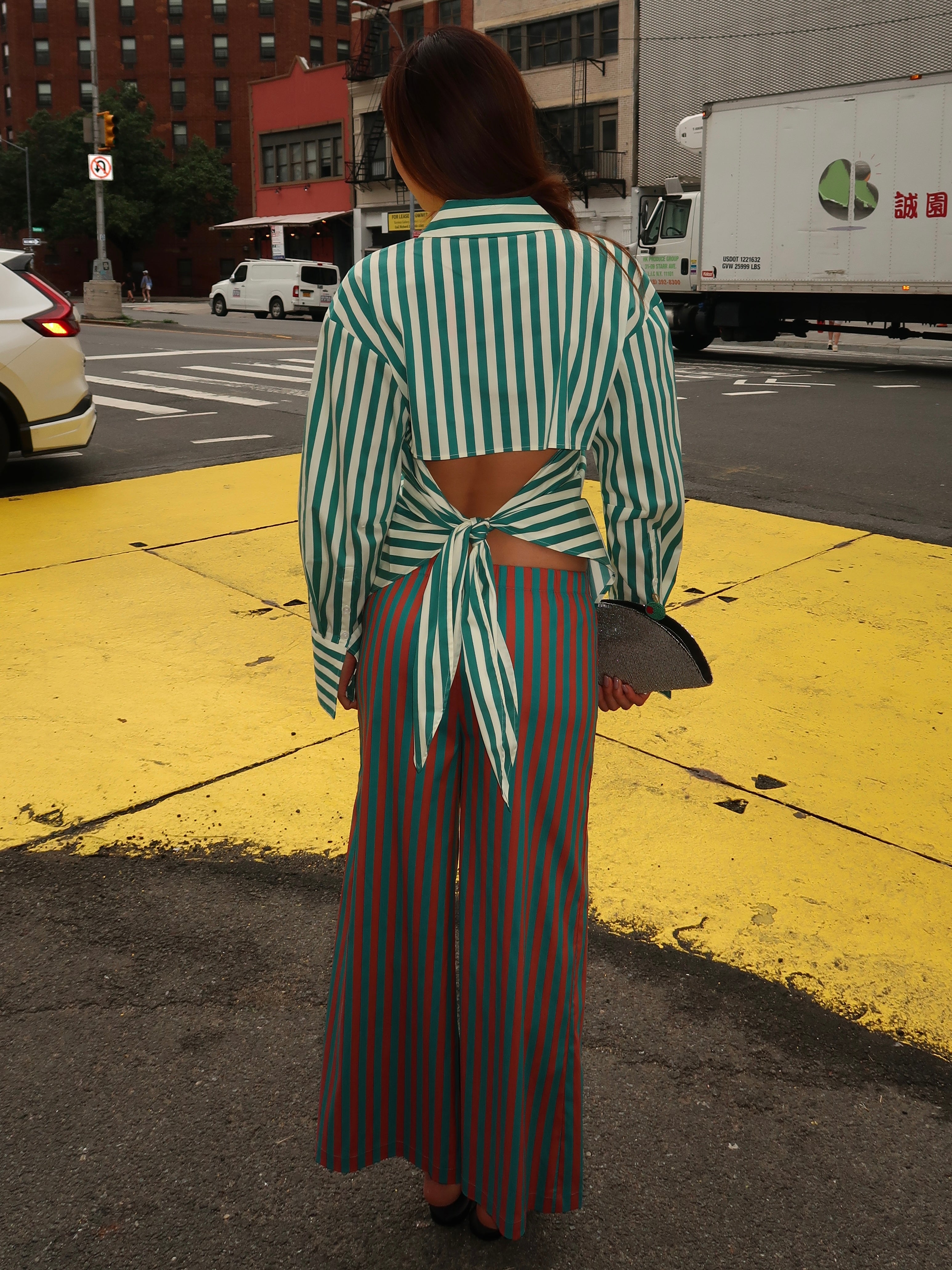 Toni Poplin Pant in Teal/Brick Stripe