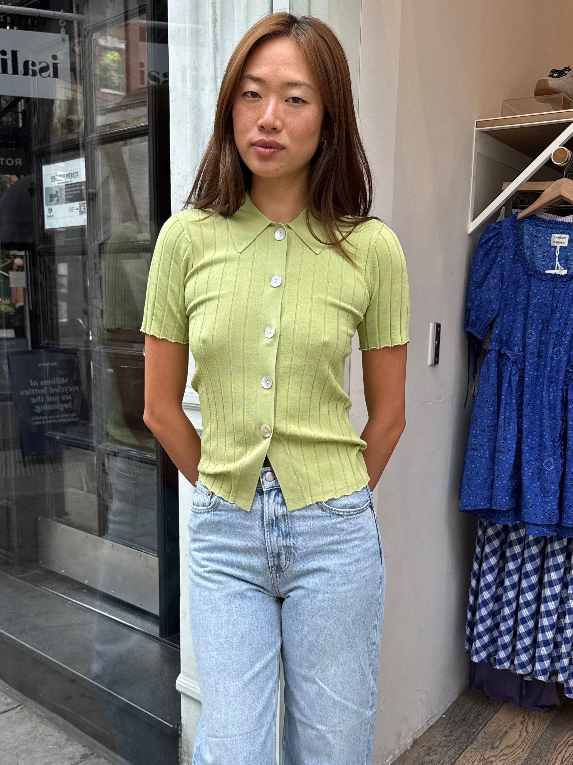 Dominique Ribbed Cardigan in Soft Lime