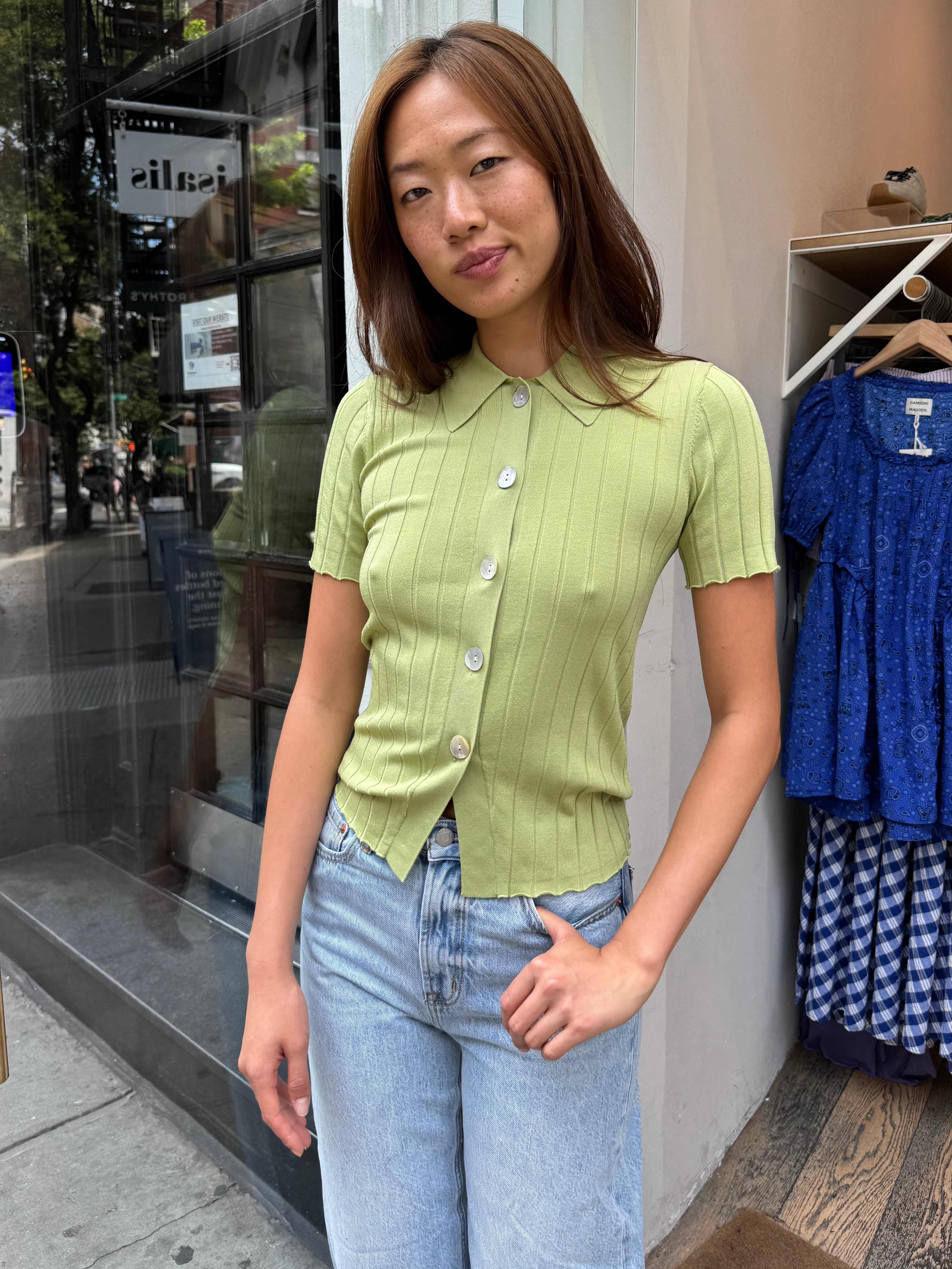 Dominique Ribbed Cardigan in Soft Lime