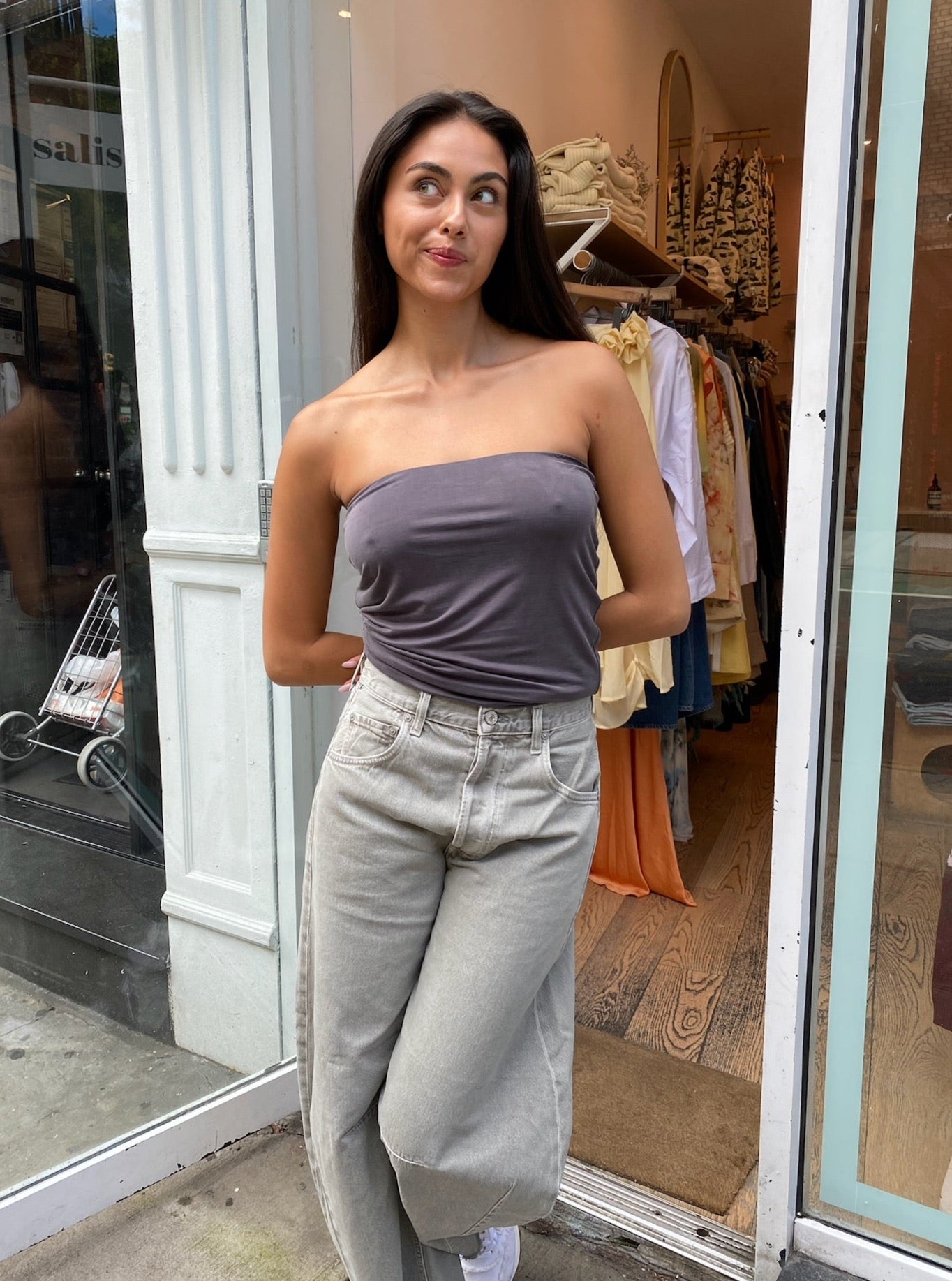 Strapless Jersey Top in Graphite