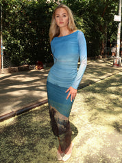 Saria Long Sleeve Midi Dress in Desert Twilight Print