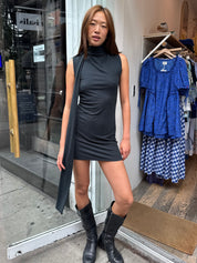 Low Cut Back Tie Dress in Navy