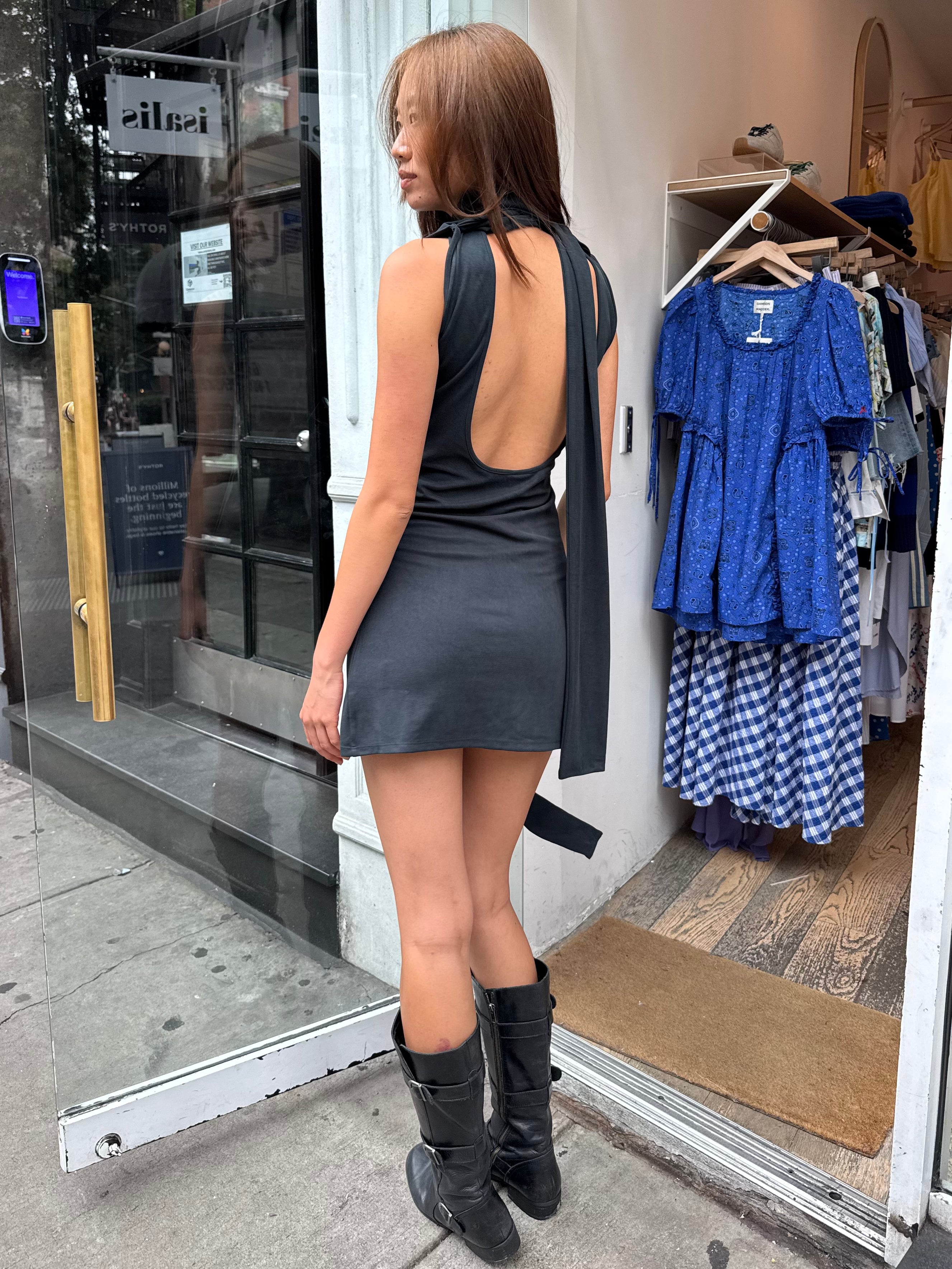 Low Cut Back Tie Dress in Navy