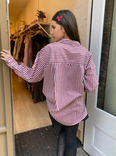 Load image into Gallery viewer, Rena Button Down Tunic Shirt in Ivory Bordeaux Stripe
