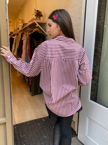 Rena Button Down Tunic Shirt in Ivory Bordeaux Stripe