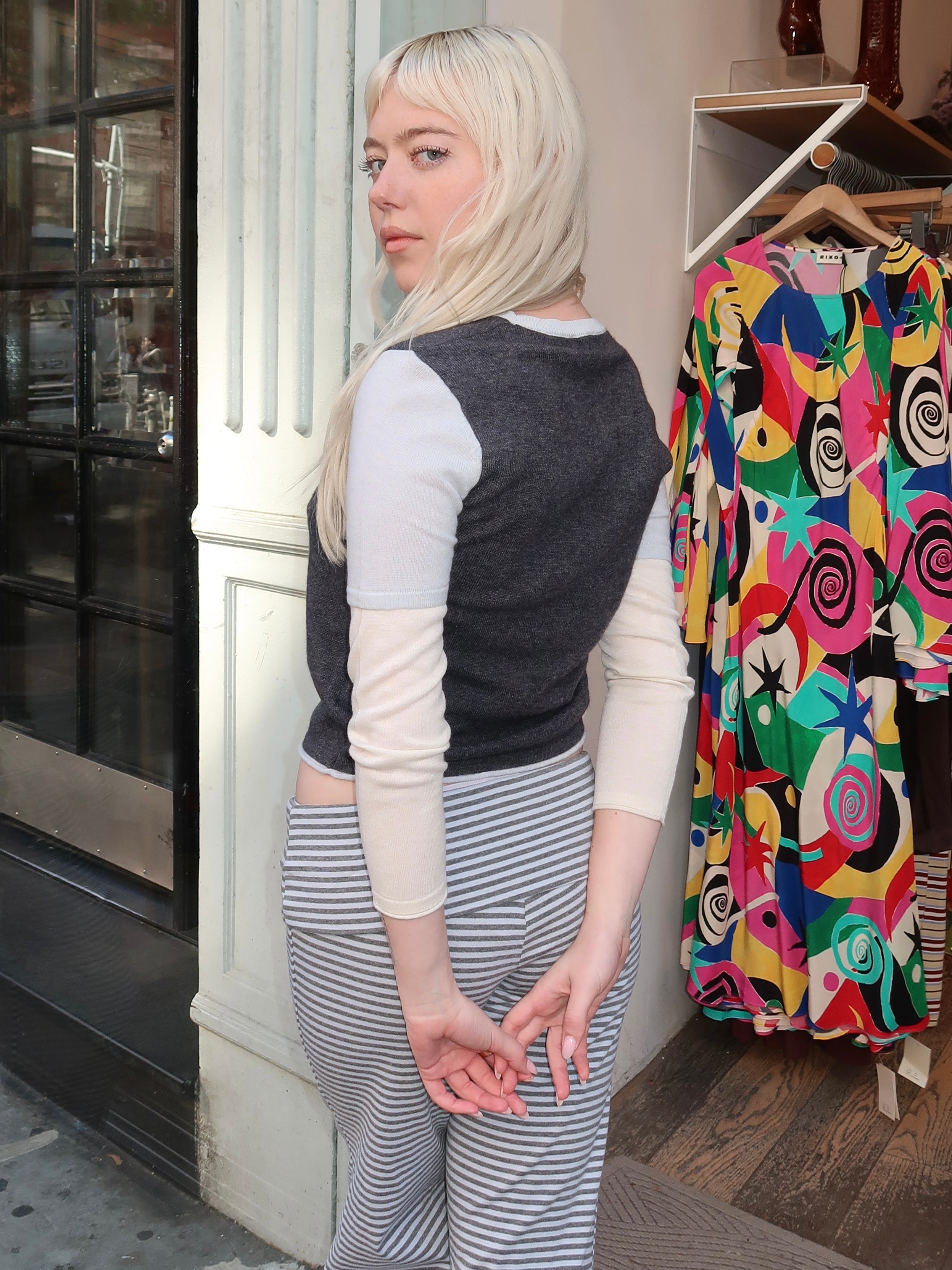 Emmy Layered Sweater in Ice Blue Charcoal/Cream