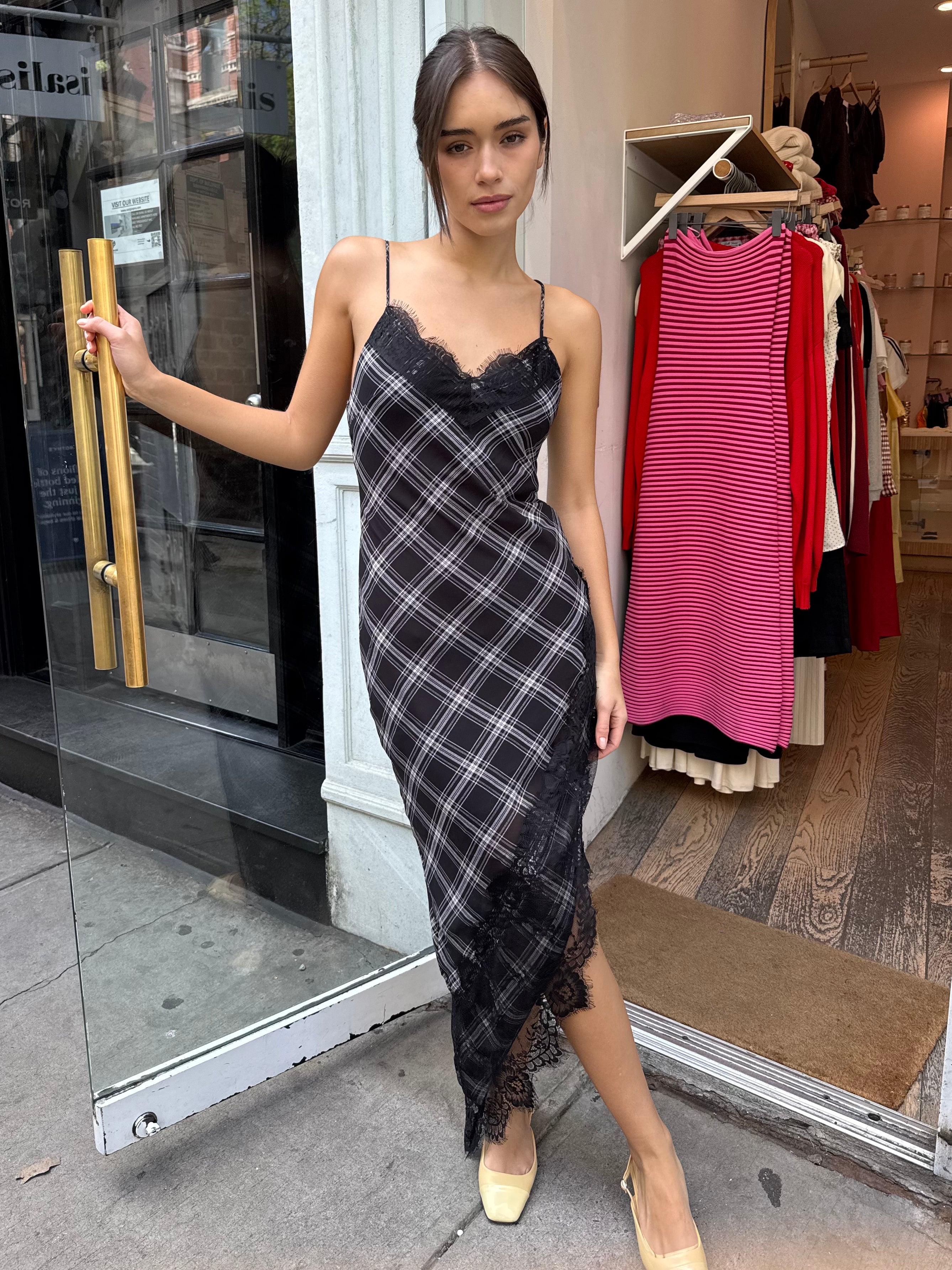 Lohan Asym Maxi Dress in Black Plaid