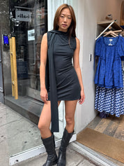 Low Cut Back Tie Dress in Navy