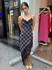 Lohan Asym Maxi Dress in Black Plaid