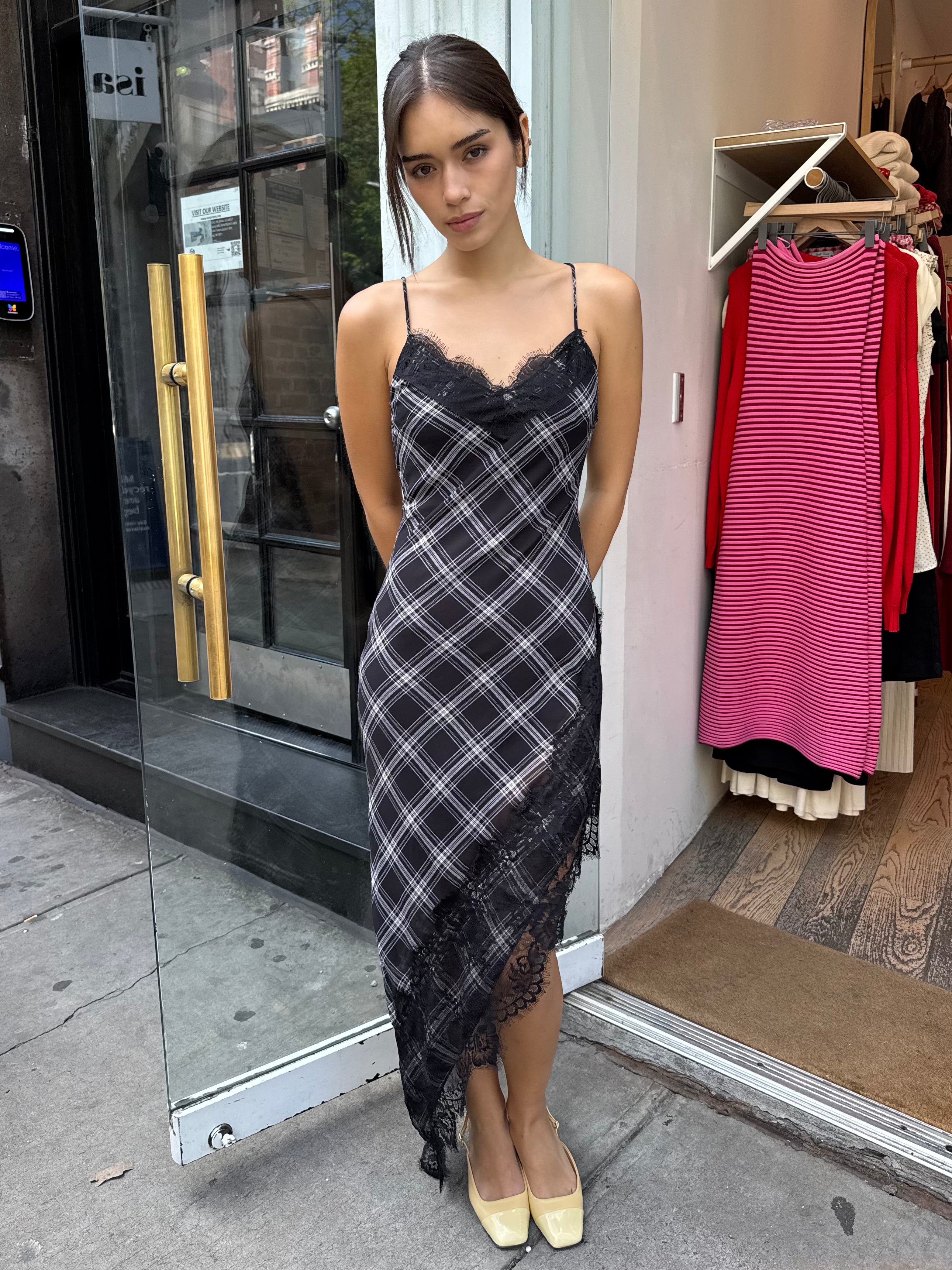 Lohan Asym Maxi Dress in Black Plaid
