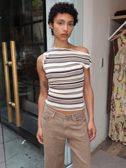 Sofia Sweater Top in Cream Brown Stripe