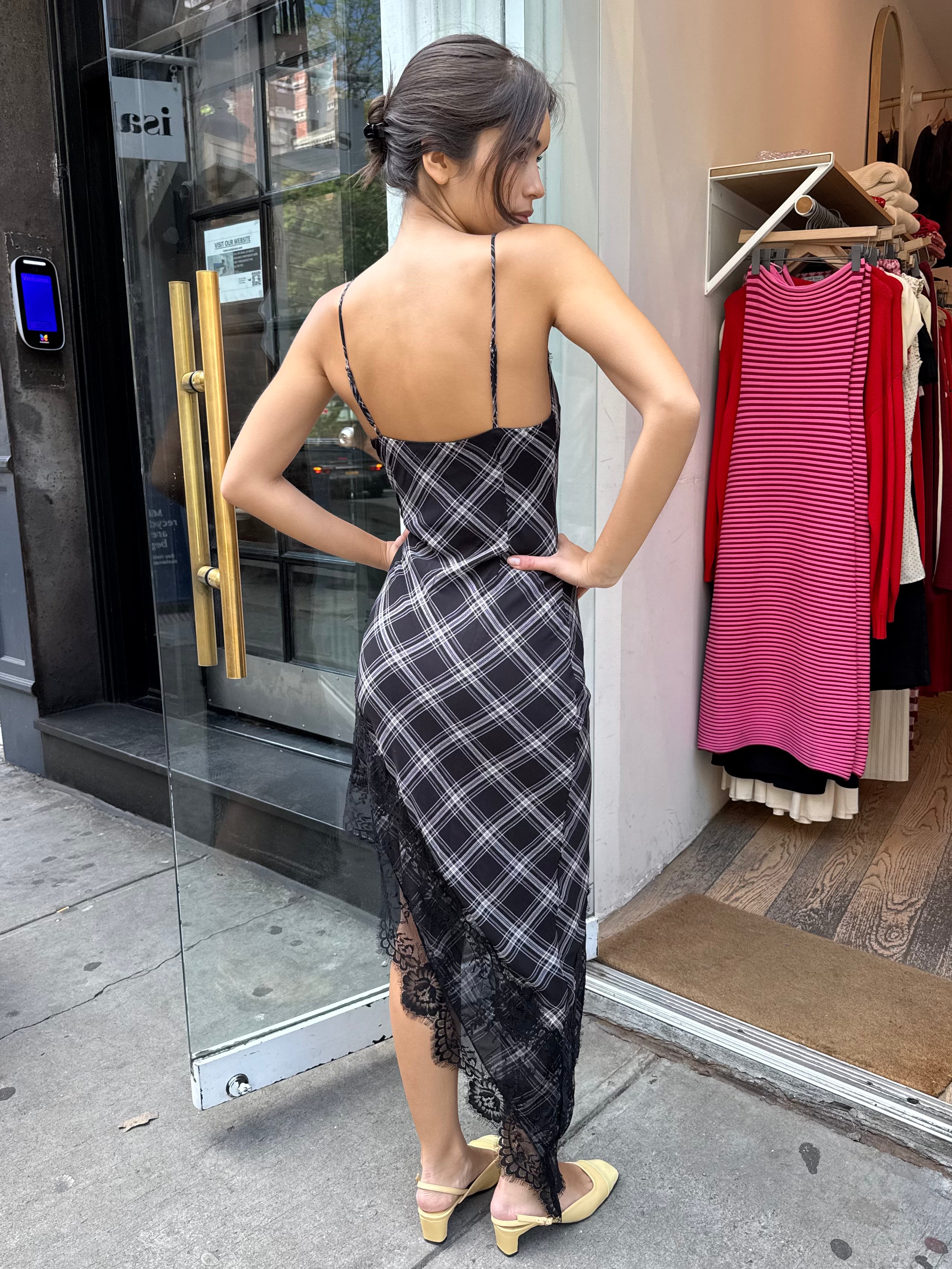 Lohan Asym Maxi Dress in Black Plaid