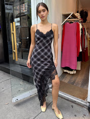 Lohan Asym Maxi Dress in Black Plaid