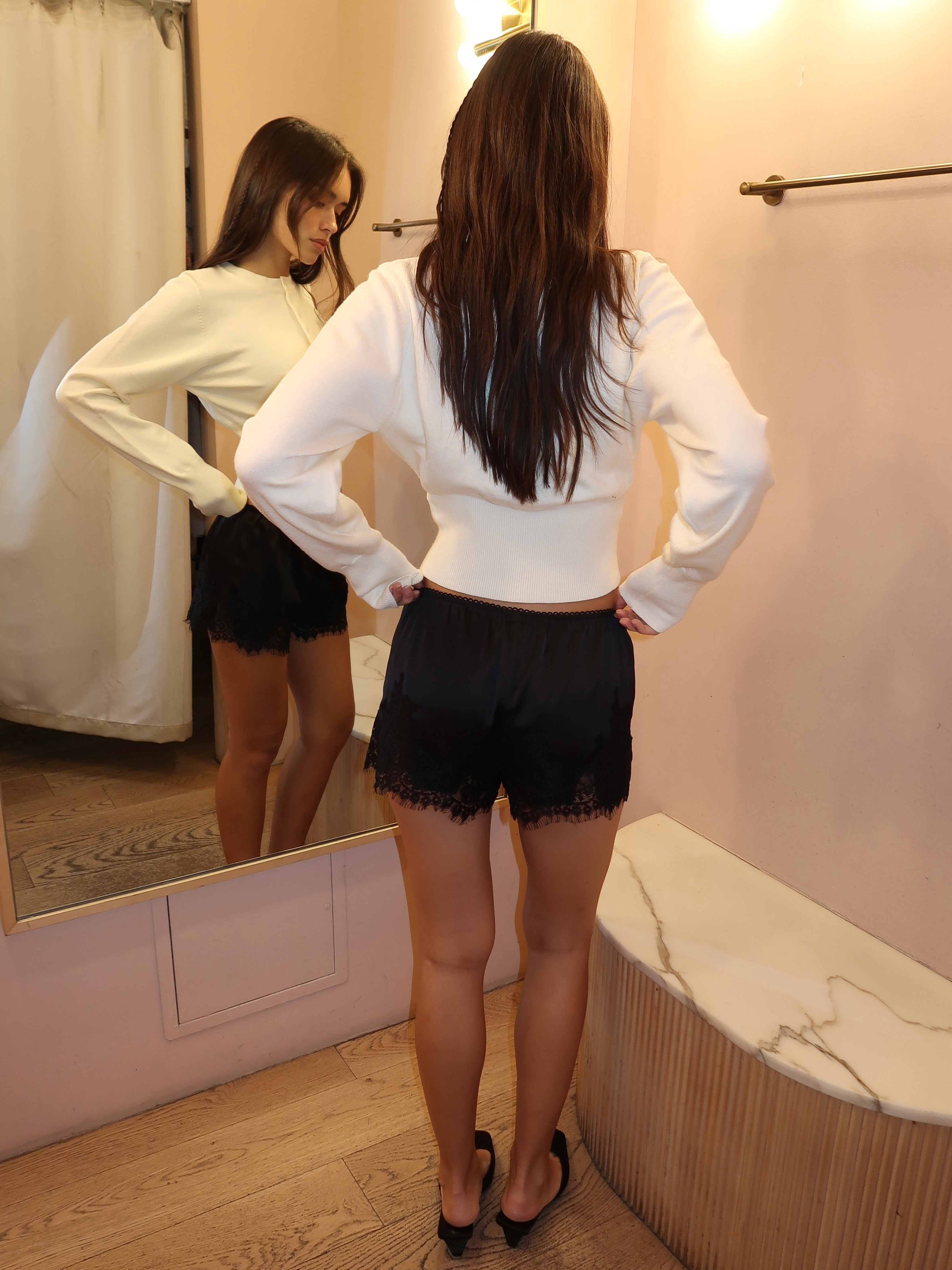 Polly Lace Trim Silky Shorts in Black