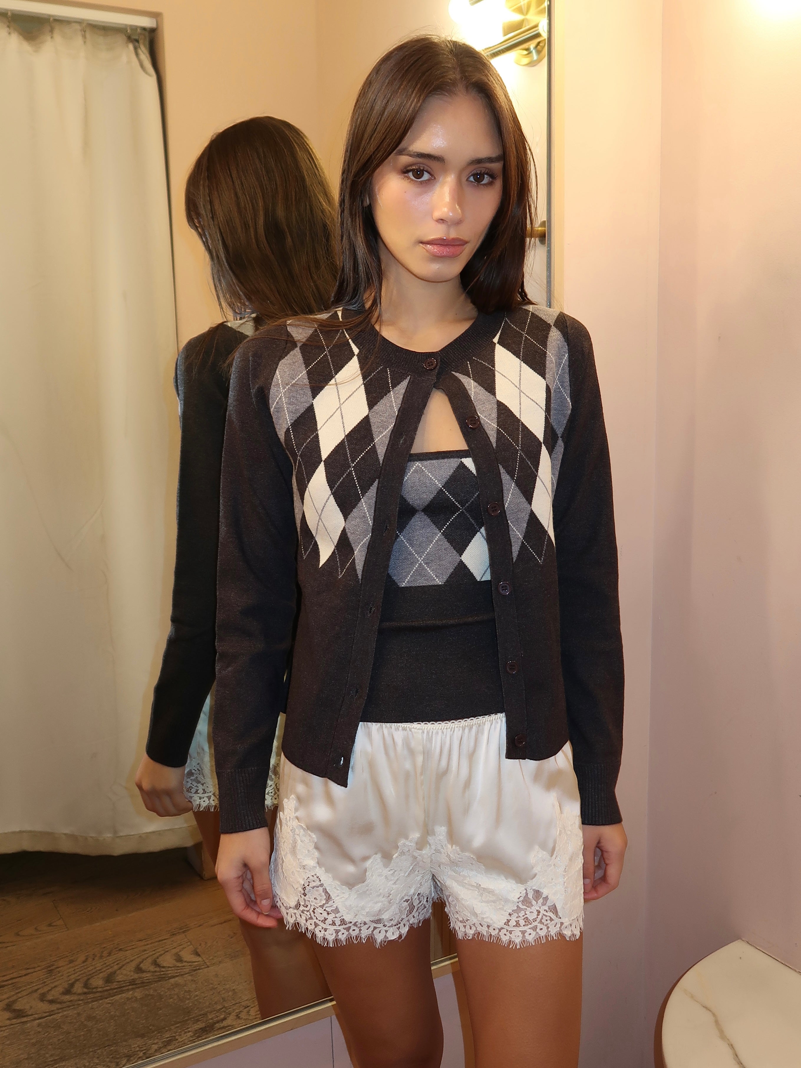 Amira Argyle Cardi Set in Charcoal Blue Multi