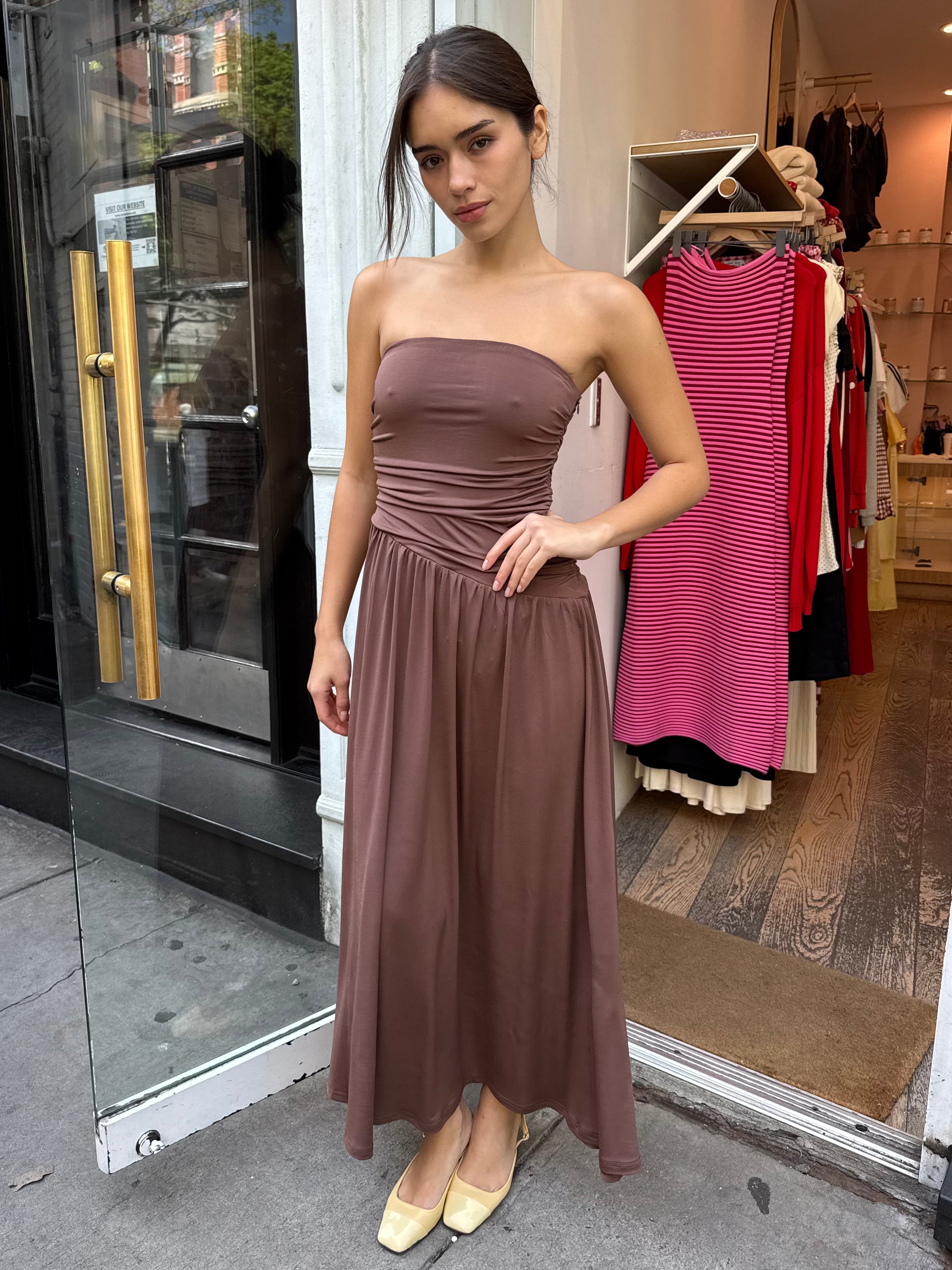 Juliana Strapless Midi Dress in Mocha