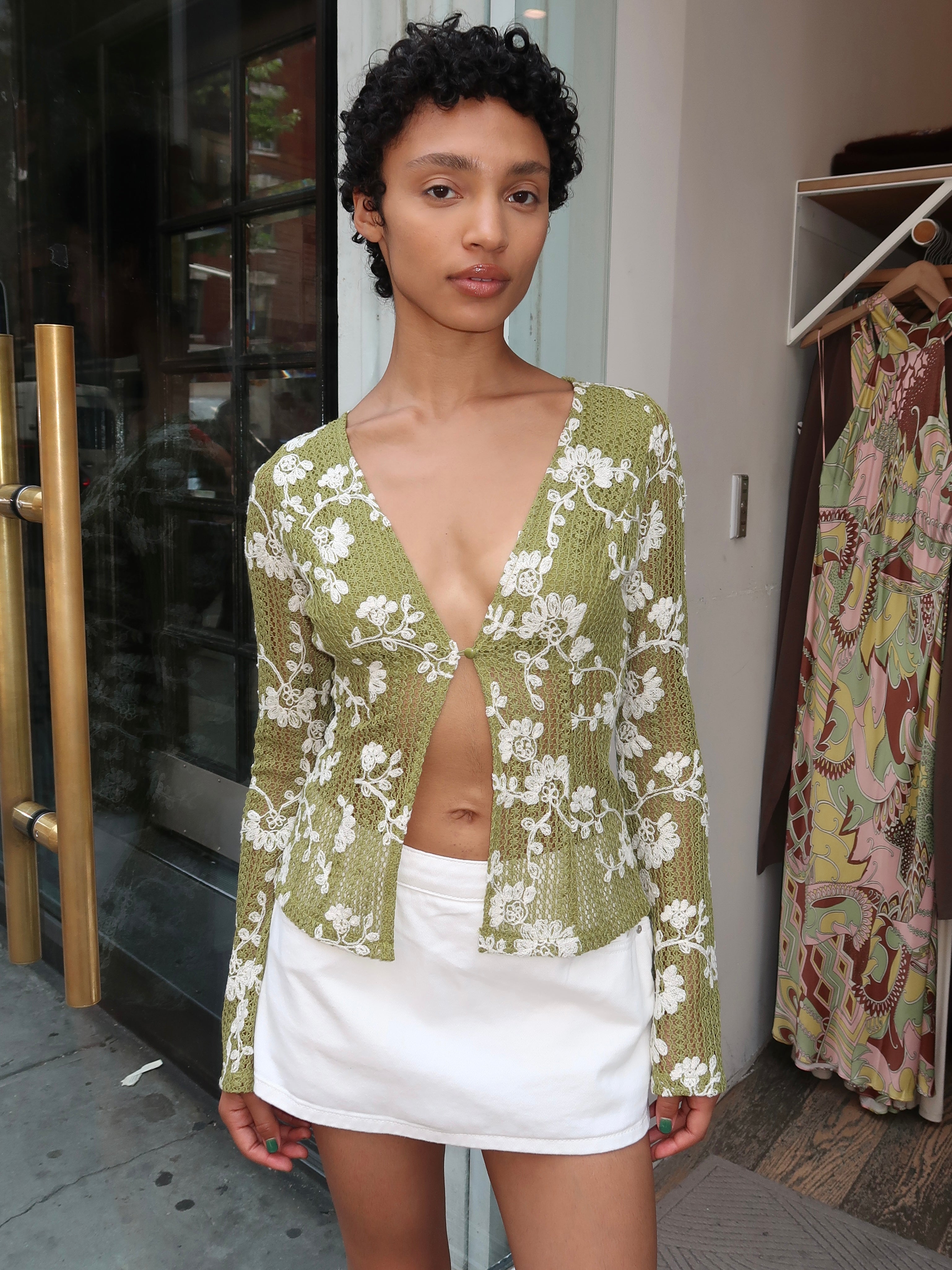 Villalta Long Sleeve in Flower Crochet Green