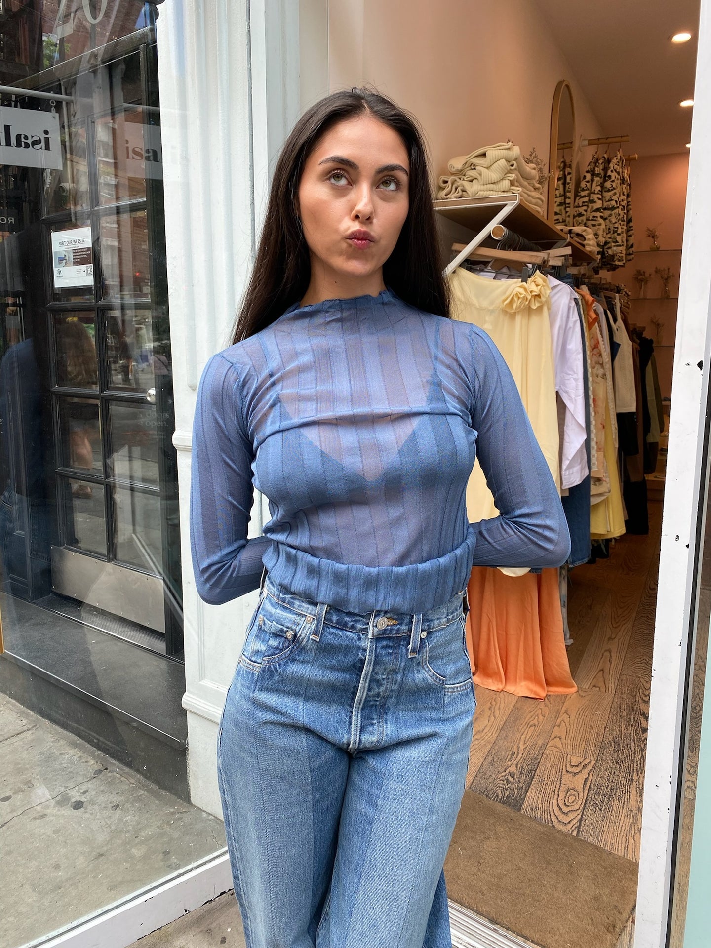 Fine Pleat Long Sleeve Top in Steel Blue