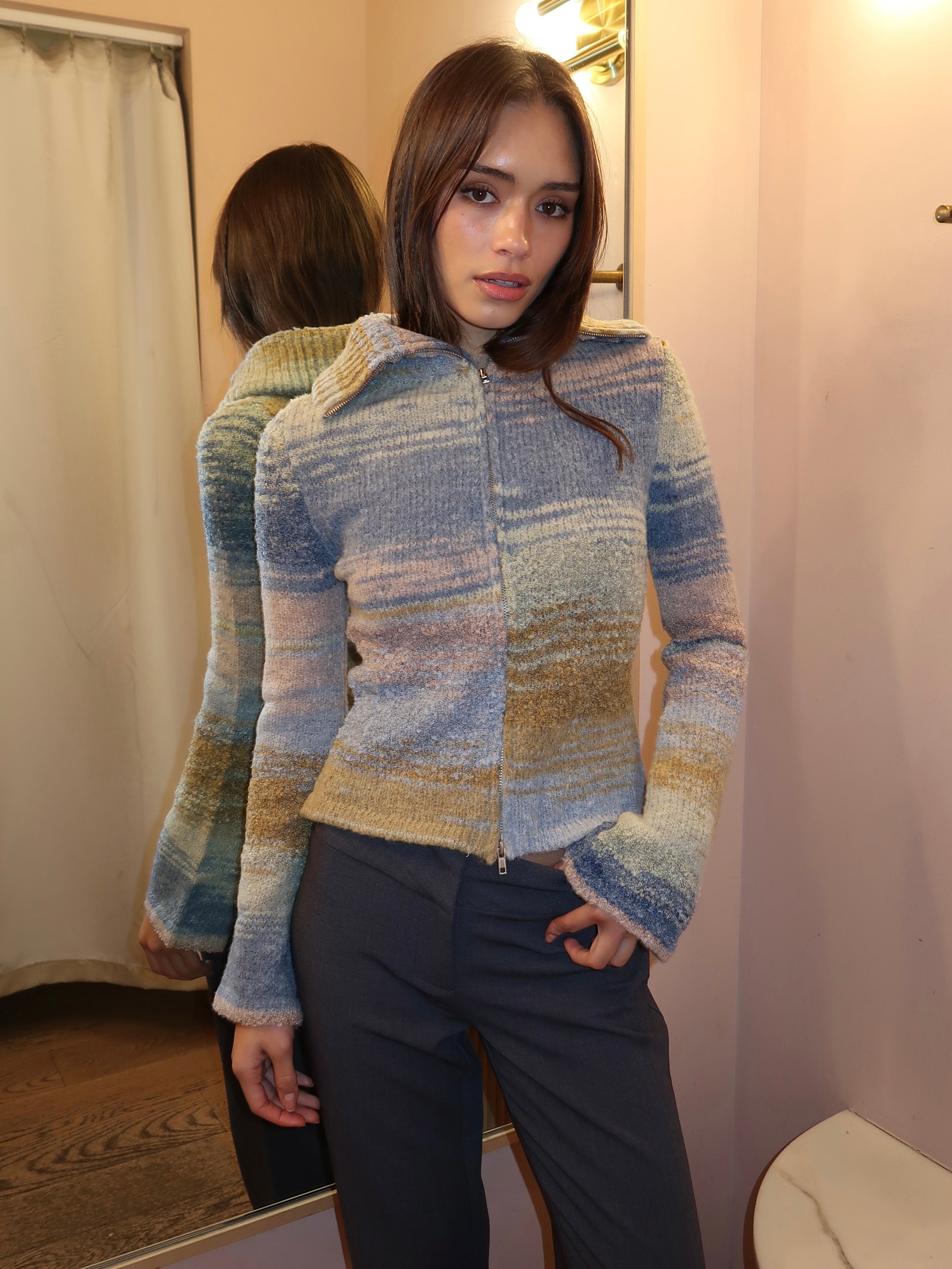 Danielle Knit Zip Up in Multi Olive